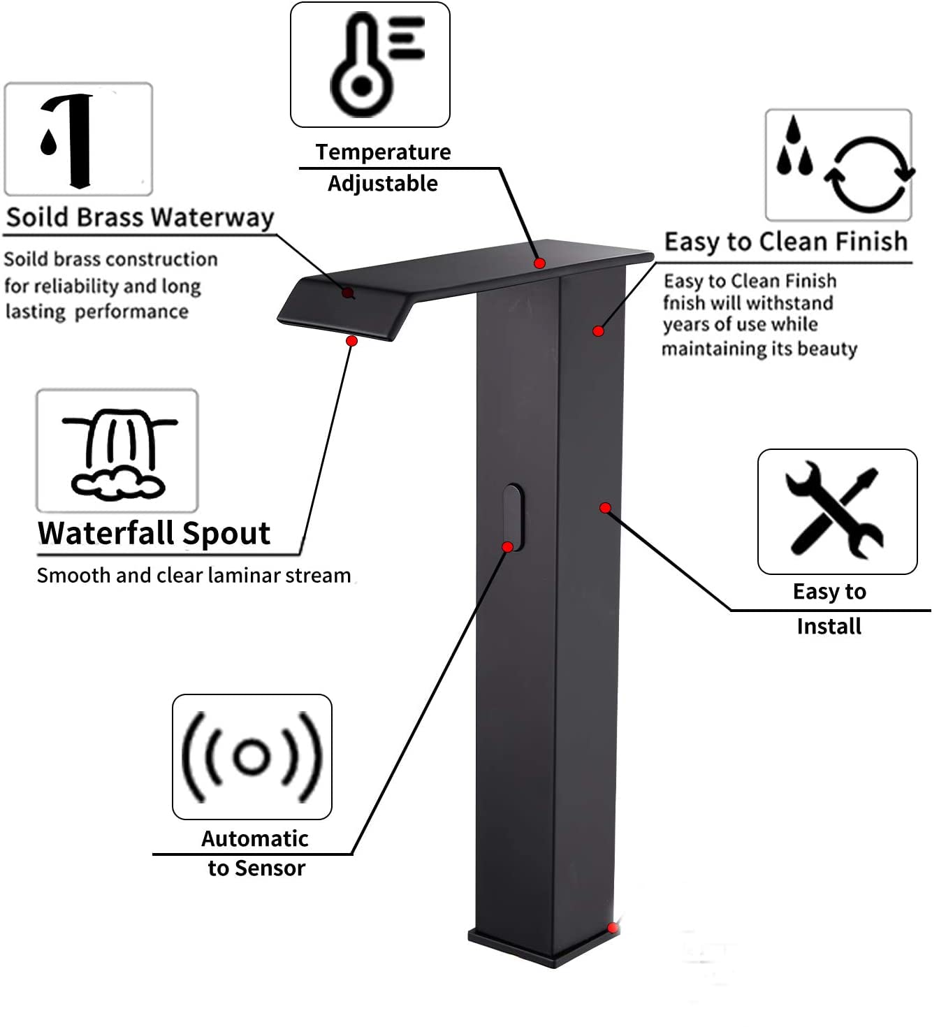 GGStudy Automatic Sensor Matte Black Touchless Bathroom Vessel Sink Faucet - Waterfall Spout with Temperature Control Box & Mixer - Ideal for Modern Homes, Luxury Hotels & ADA Compliant Restrooms