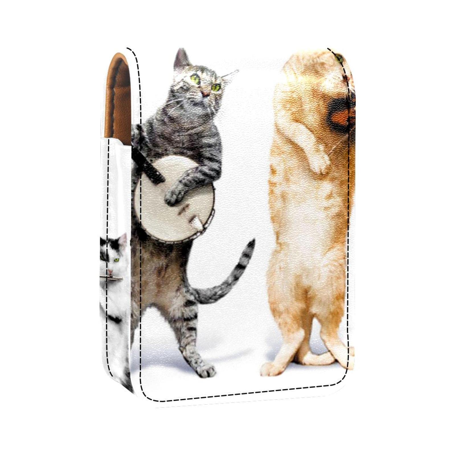 PU Leather Cat Music Band Makeup Lipstick Case - Travel Cosmetic Pouch with Mirror Holds 3 Lipsticks | Perfect for On-the-Go Touch Ups & Gift Giving