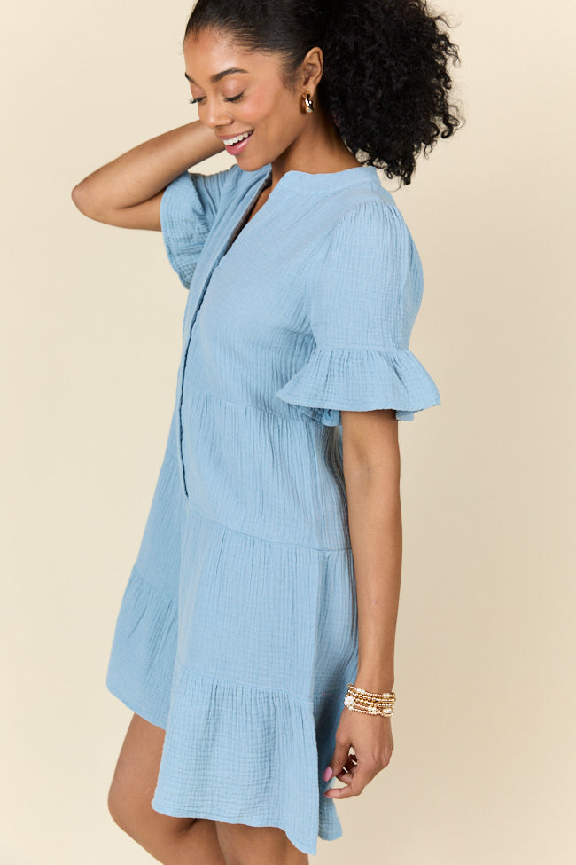 Blue Gauze Mini Dress for Women - Lightweight & Flowy Summer Dress - Perfect for Weekend Outings, Beach Vacations & Casual Dates