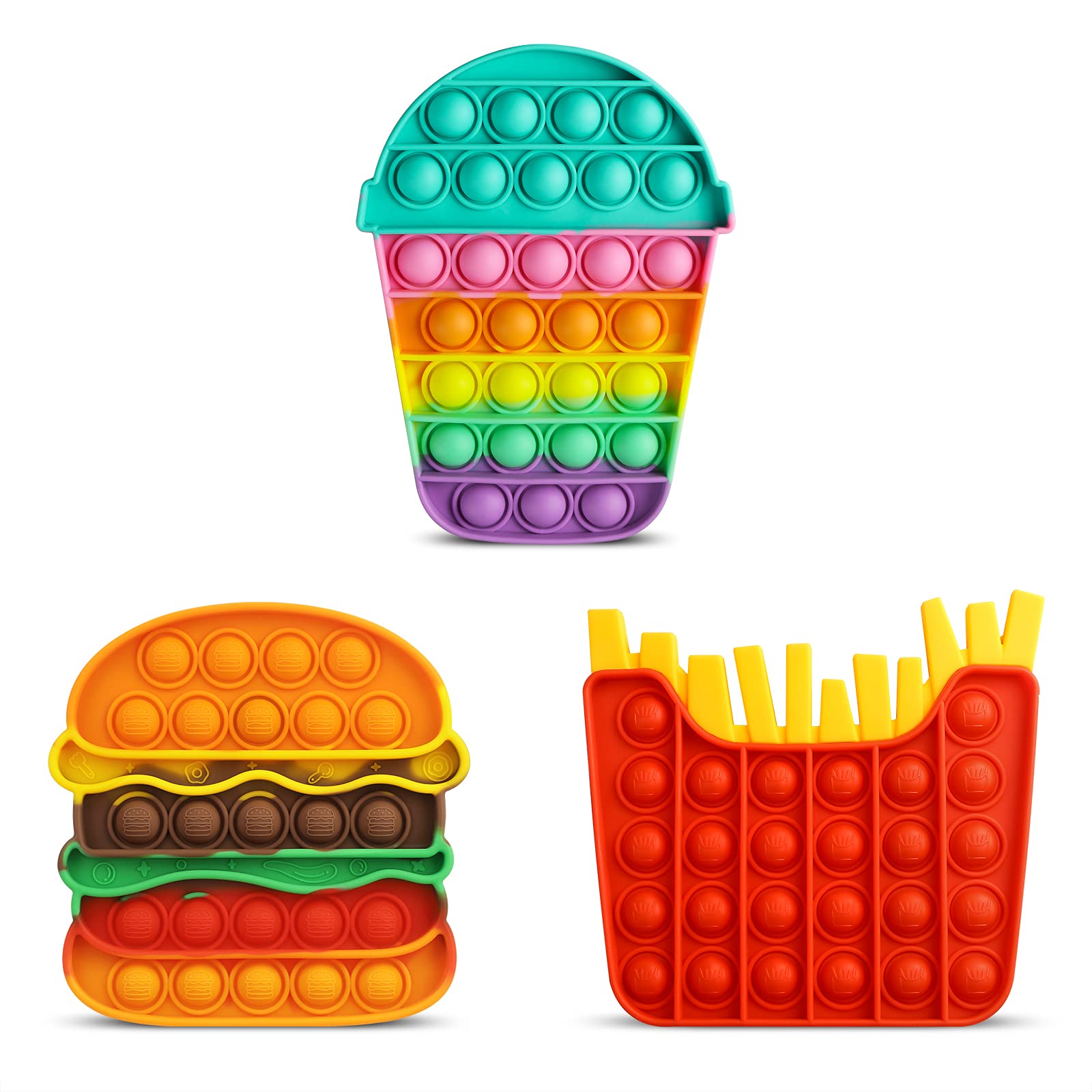 3Pcs Push Bubble Fidget Sensory Toys for Kids & Adults - Silicone Popper Stress Relief Toys for Autism, ADD, ADHD - Rainbow Hamburger Design - Perfect Christmas & Birthday Gift for Girls (Hamburger, Fries, Cup) - Great for Home, Office, School & Travel Stress Relief
