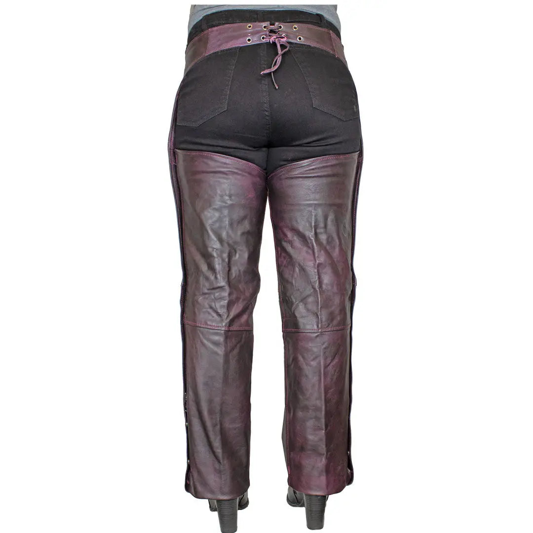 Open Road Women's Dark Purple Wash Leather Chaps - Premium Biker Pants for Motorcycle Riding & Fashion