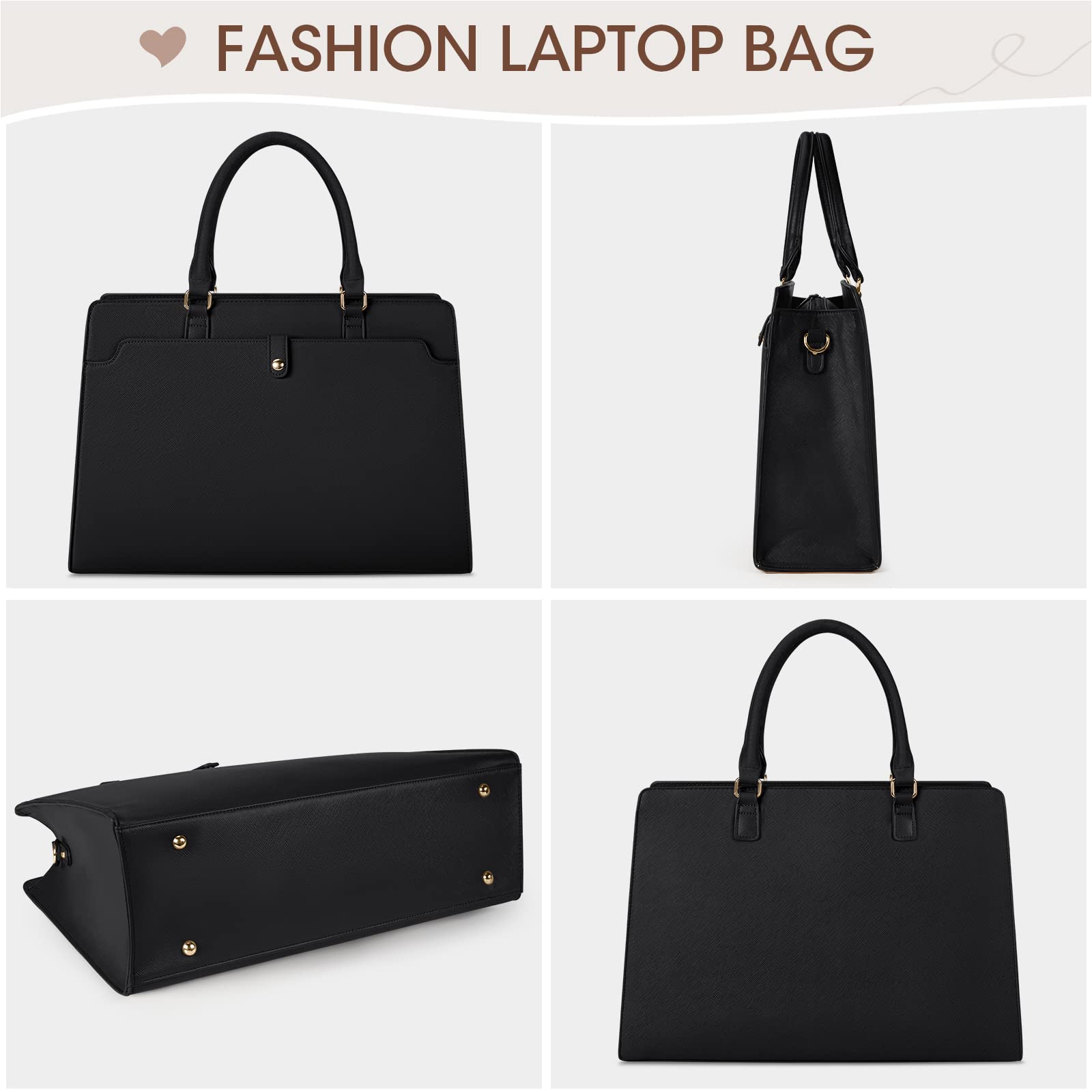 RAINSMORE 15.6 Inch Leather Laptop Tote Bag for Women - Waterproof Business Office Briefcase, Large Capacity Work Bag, Shoulder Handbag, Black - Perfect for Commuting, Travel, and Professional Meetings