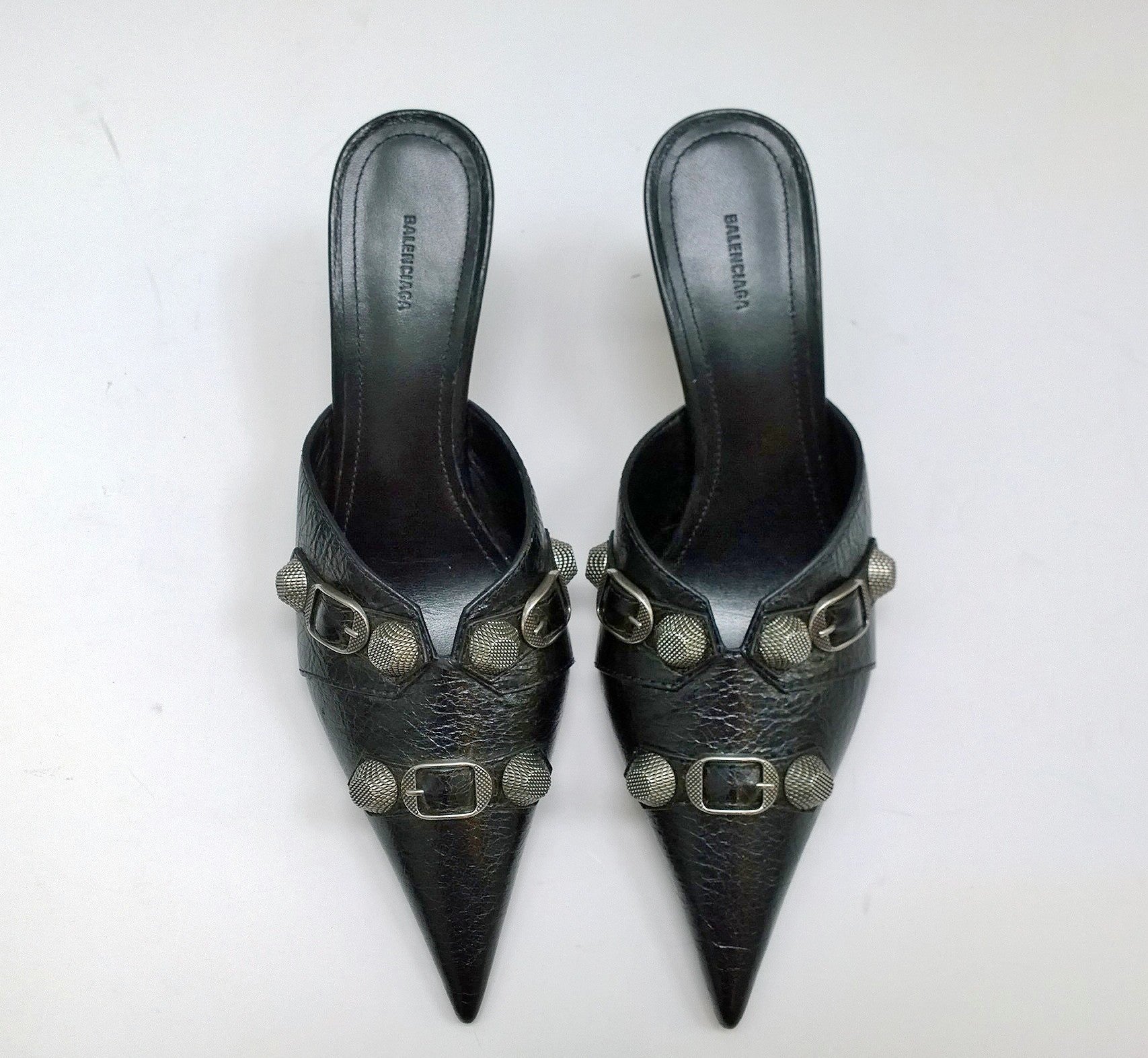 Balenciaga Cagole Black Mules with Gunmetal Studs - Pointy Heel Designer Shoes for Women | Perfect for Night Out, Party & Fashion Events