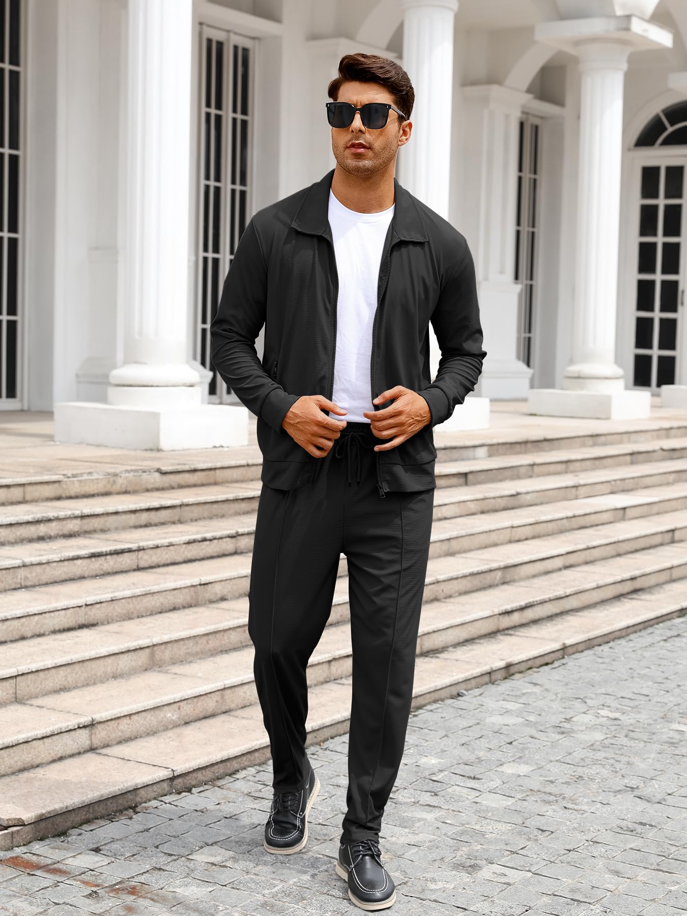 Men's Waffle Knit Tracksuit Set - 2 Piece Long Sleeve Zip Up Hoodie & Jogger Pants - Solid Color Athletic Sweatsuit for Running, Gym, and Casual Wear