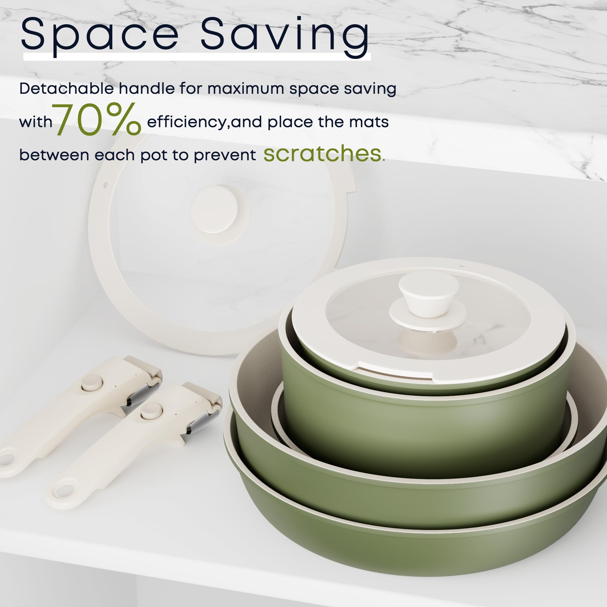 **Caannasweis Detachable Nonstick Cookware Set - 5-Piece Stackable Induction Pots & Pans with Removable Handles, Dishwasher Safe - Perfect for RV Camping, Oven & Stovetop Use (Green) - Ideal for Small Kitchens, Outdoor Cooking & Easy Storage**