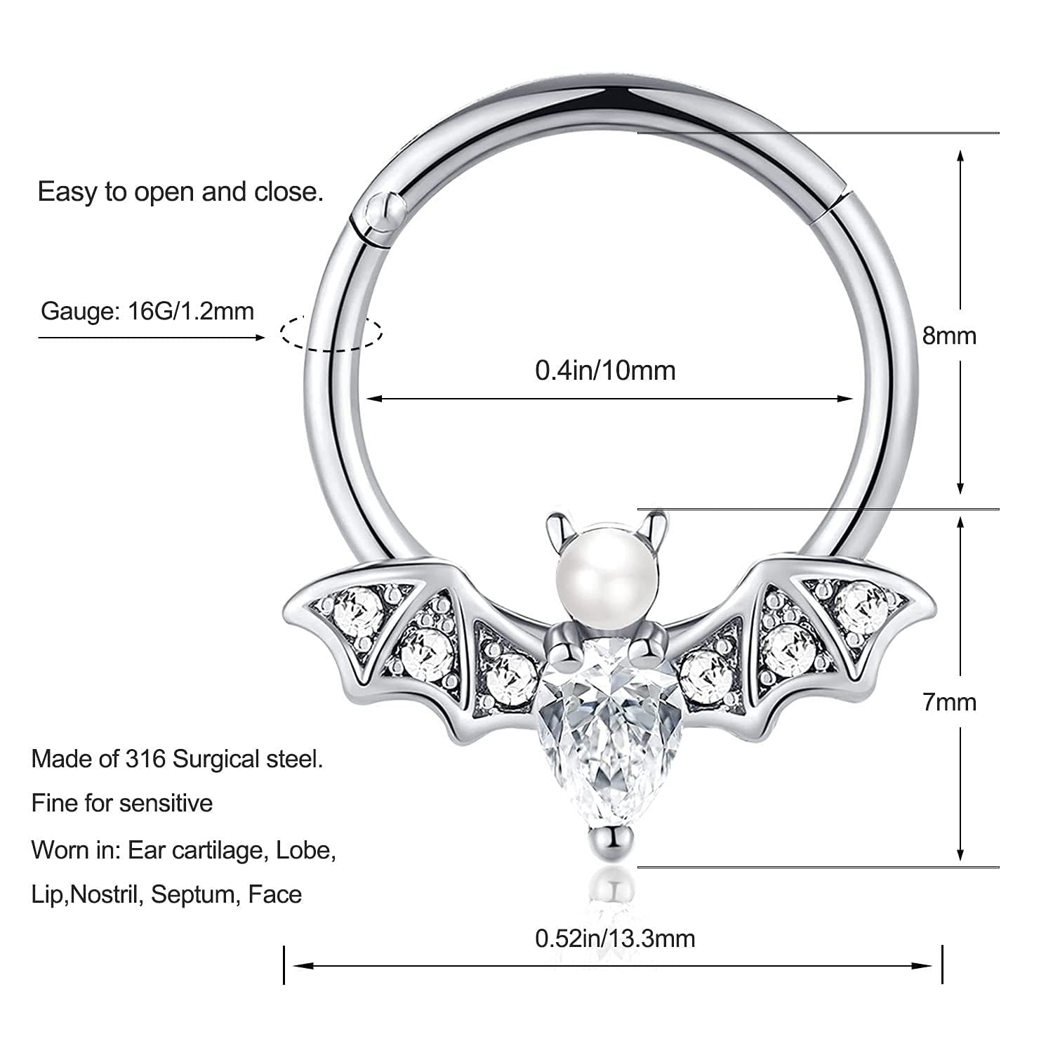 16G Bat & Dragon Claw Septum Rings - Daith, Helix, Tragus, Rook Piercing Jewelry for Men & Women | Gothic Body Jewelry for Parties, Concerts & Alternative Fashion