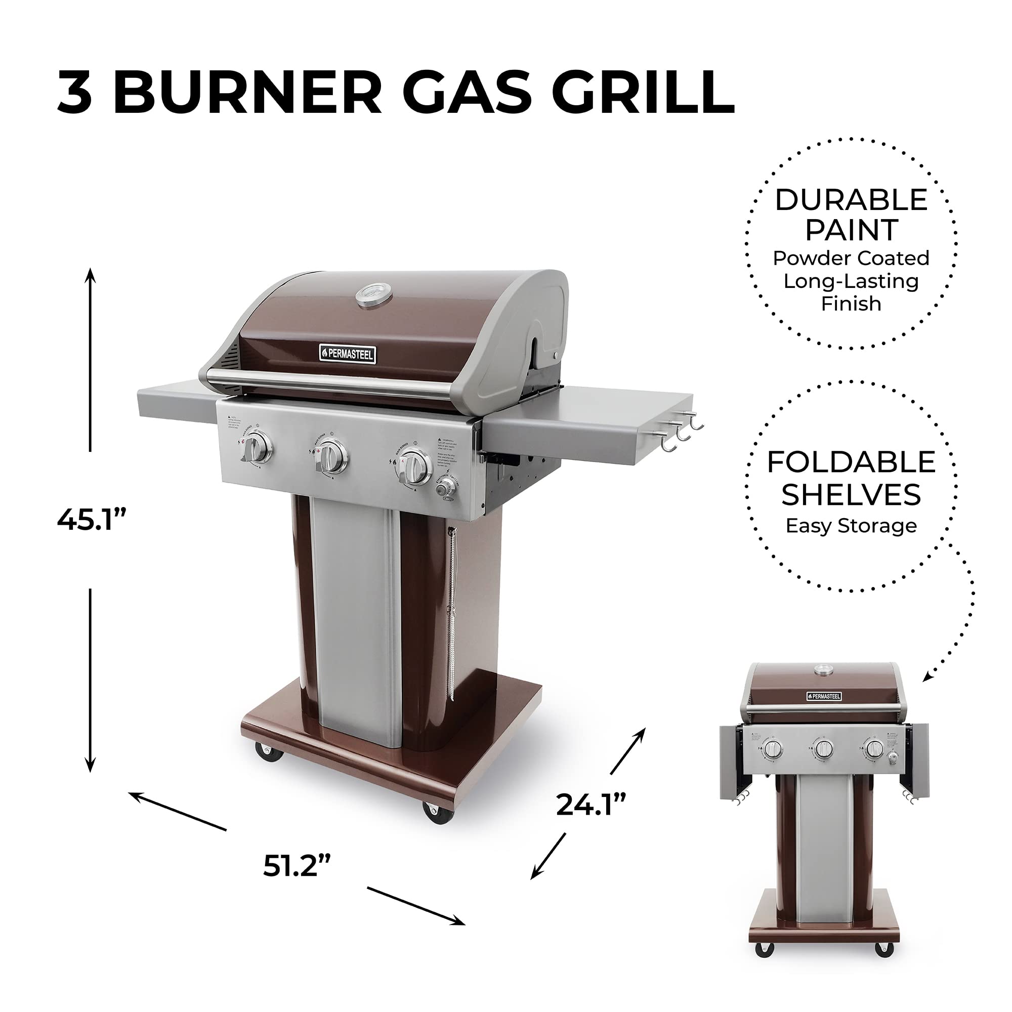 **Permasteel 3-Burner Propane Gas Grill – 30,000 BTU Outdoor BBQ Grill with Cast Iron Grates, Foldable Side Tables & Tool Hooks – Perfect for Backyard, Camping, and Tailgating (Mocha)**