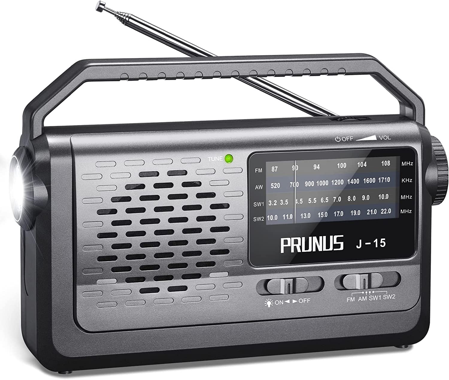 PRUNUS J-15 Portable AM/FM/SW Radio with 3W Large Speaker - Battery Operated (3x D Cell) or AC Power - Emergency Flashlight & Transistor Radio for Home, Camping, Power Outages