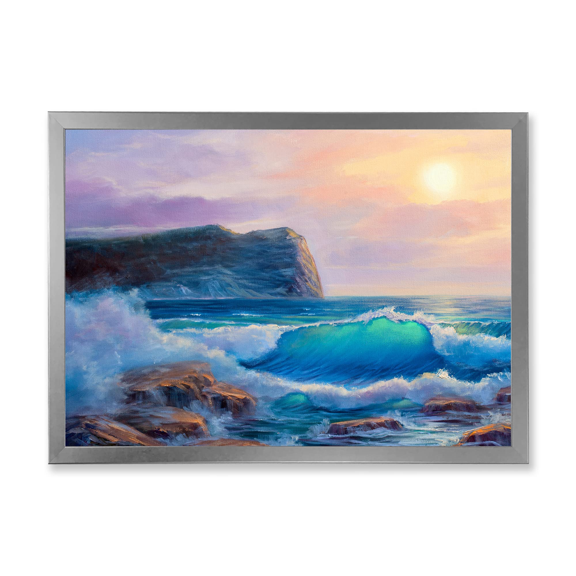 DesignQ Blue Waves Breaking At The Beach III - Coastal Framed Wall Art Decor for Living Room, Bedroom & Office - Nautical Beach Scene Painting for Home & Office Decoration
