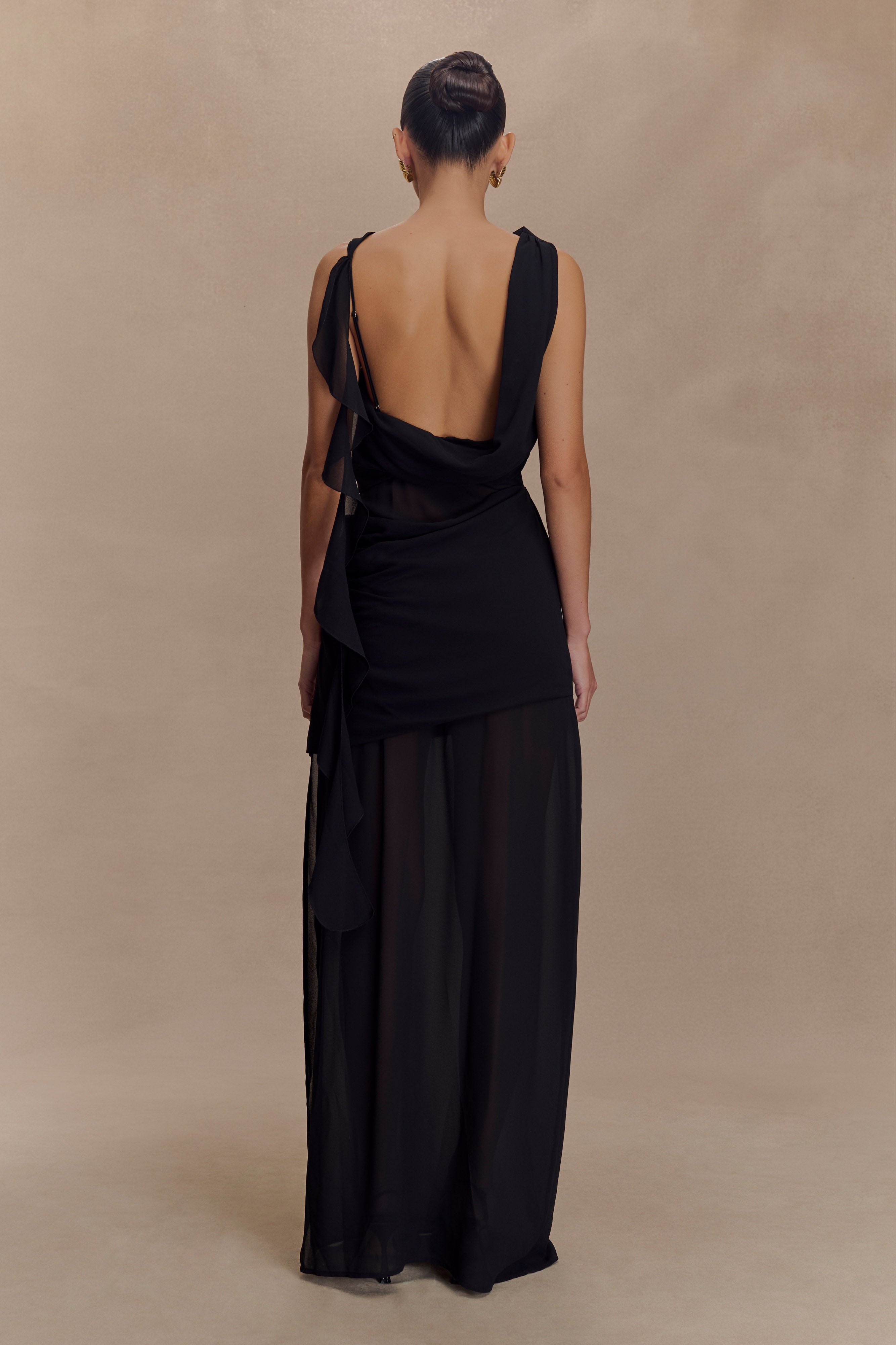 Elegant Daria Draped Chiffon Maxi Dress in Black - Perfect for Evening Parties, Weddings & Special Occasions