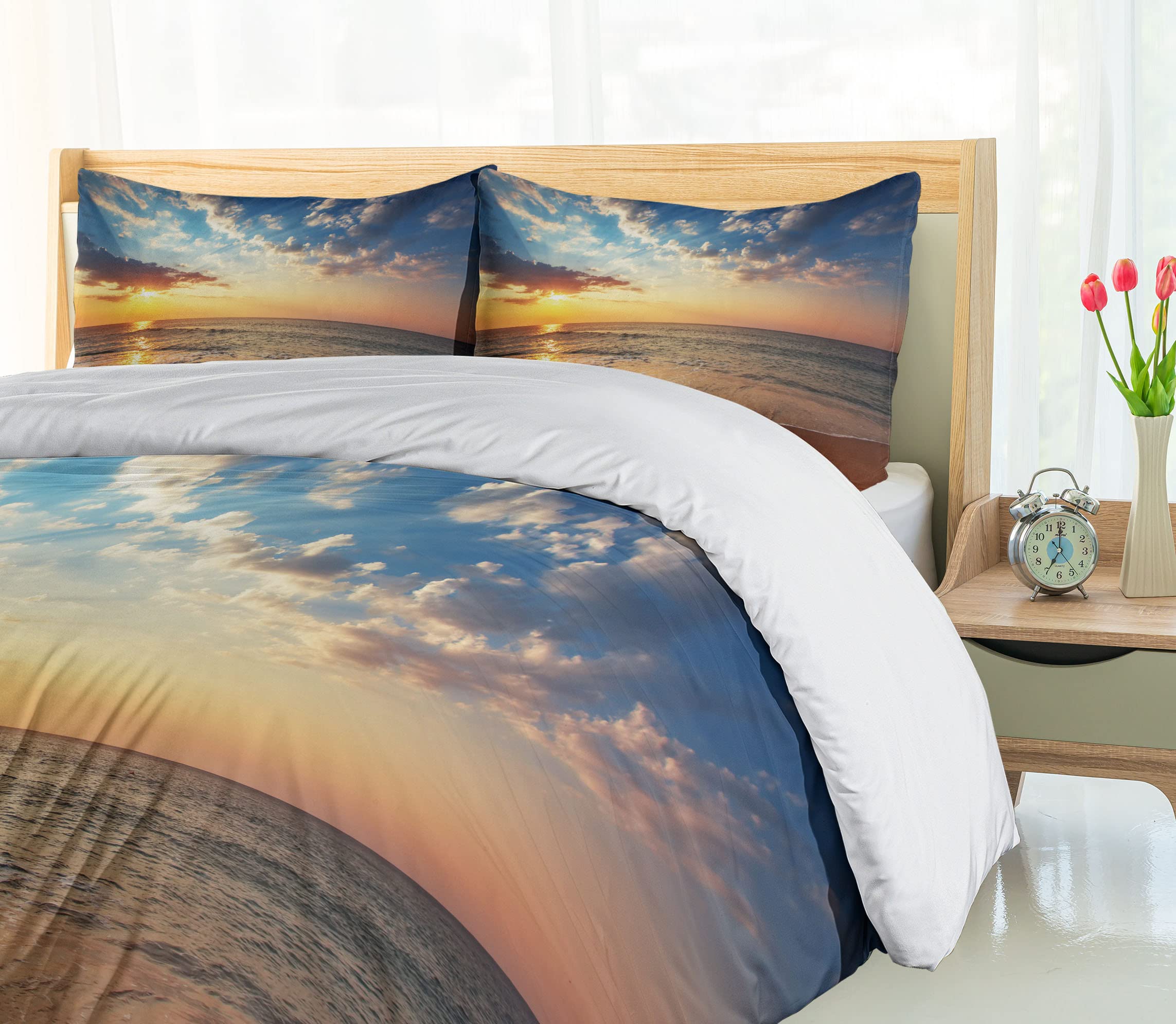 Ambesonne Ocean Duvet Cover Set - California King 3 Piece Bedding with 2 Pillow Shams, Blue Yellow Brown Cloudscape Design for Coastal & Beach Themed Bedrooms | Perfect for Honeymoon Travel Inspired Decor, Sunrise Panoramic Home Decor