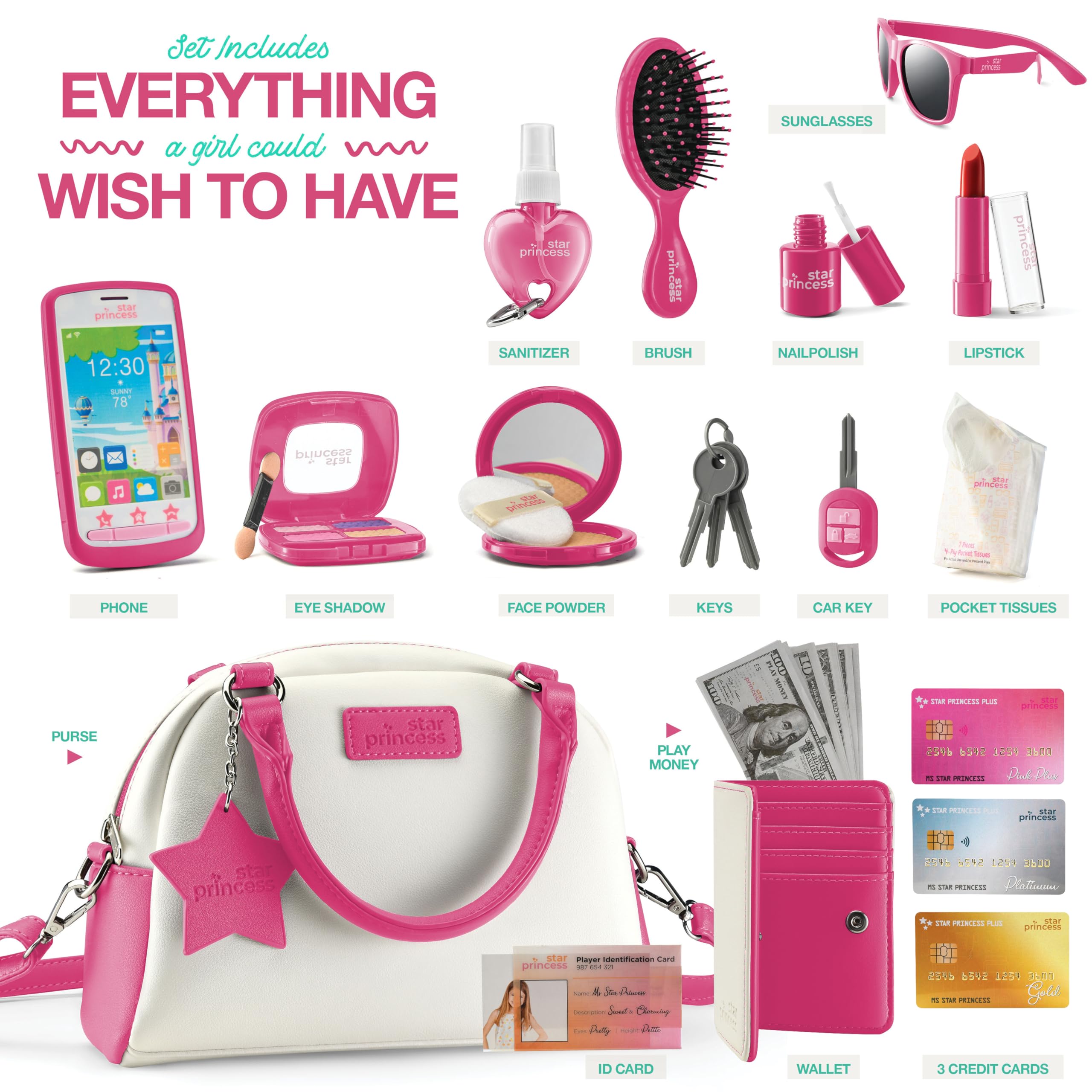 Pretend Play Purse Set for Girls Ages 3-8 - Toy Phone, Wallet, Credit Cards, Keys & Makeup Kit | Role Play Accessories for Toddlers & Little Girls | Perfect for Birthday Gifts, Dress-Up & Imaginative Play