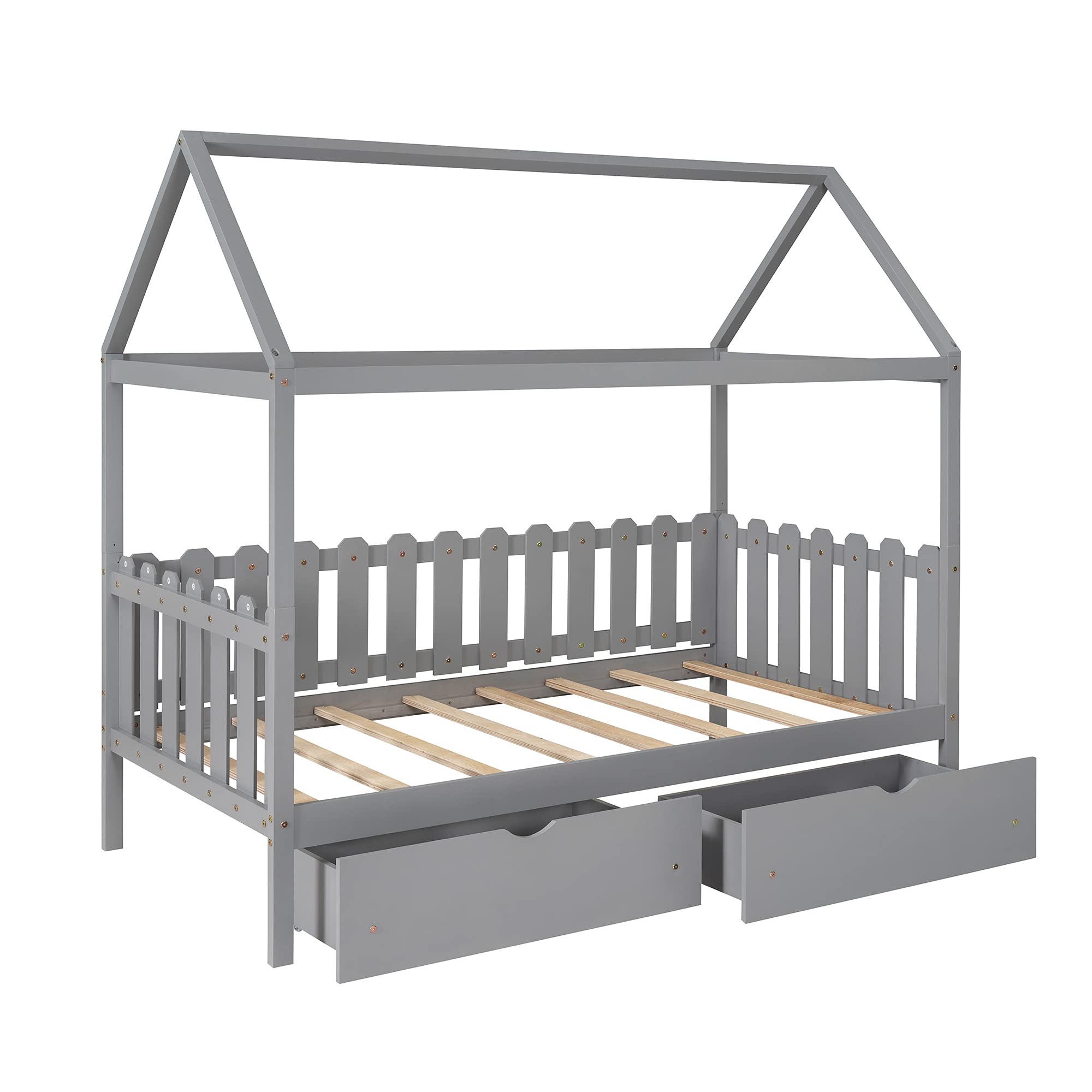 Twin Size Low House Bed Frame with Drawers & Fence Guardrail - Solid Wood Kids Bed for Boys & Girls, No Box Spring Needed (Gray) - Perfect for Nursery, Bedroom & Playroom Decor