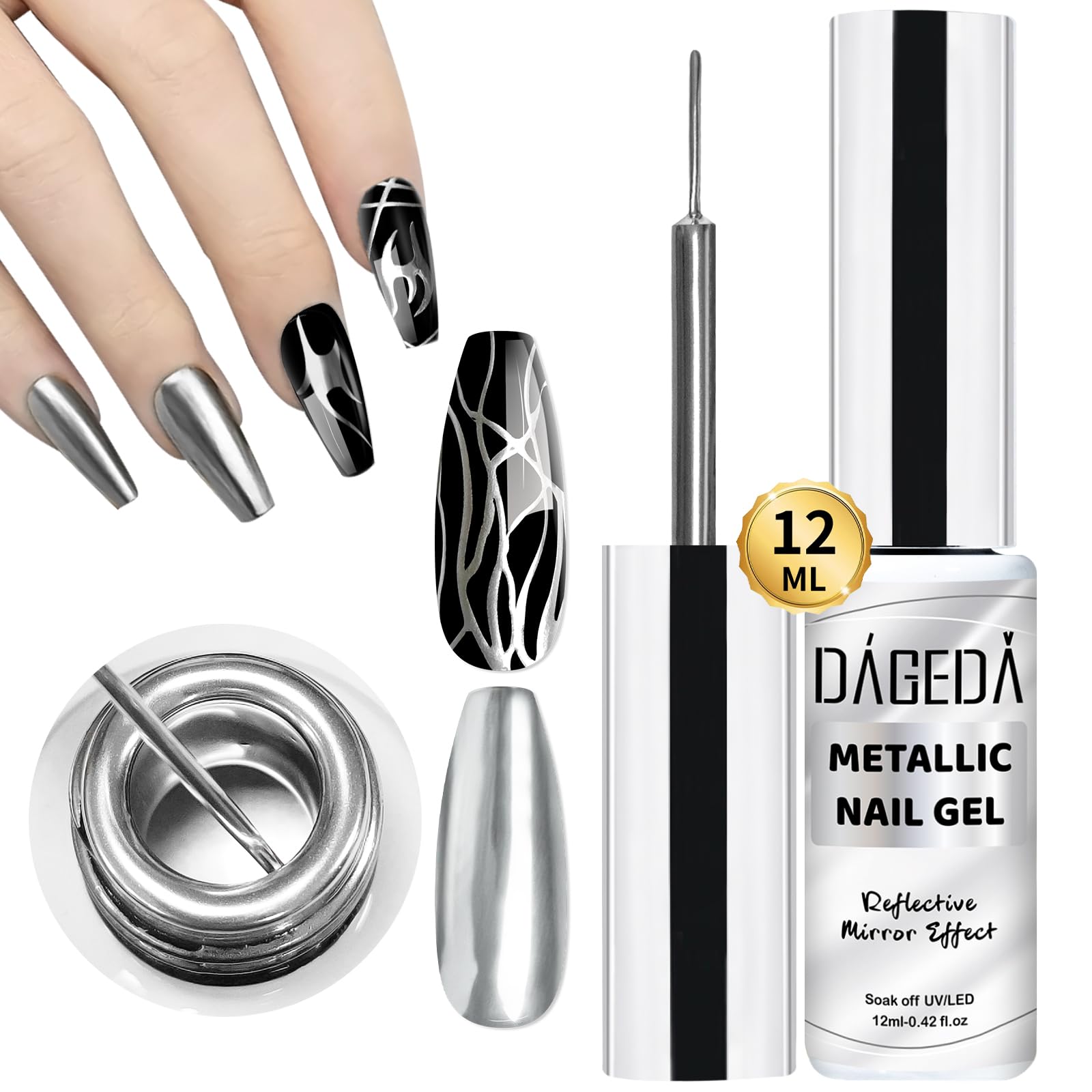 DAGEDA 12ml Metallic Silver Nail Polish Gel - Mirror Chrome High Gloss UV/LED Soak Off DIY Nail Art with Thin Brush - Perfect for Salon, Home Manicure & Party Nail Designs