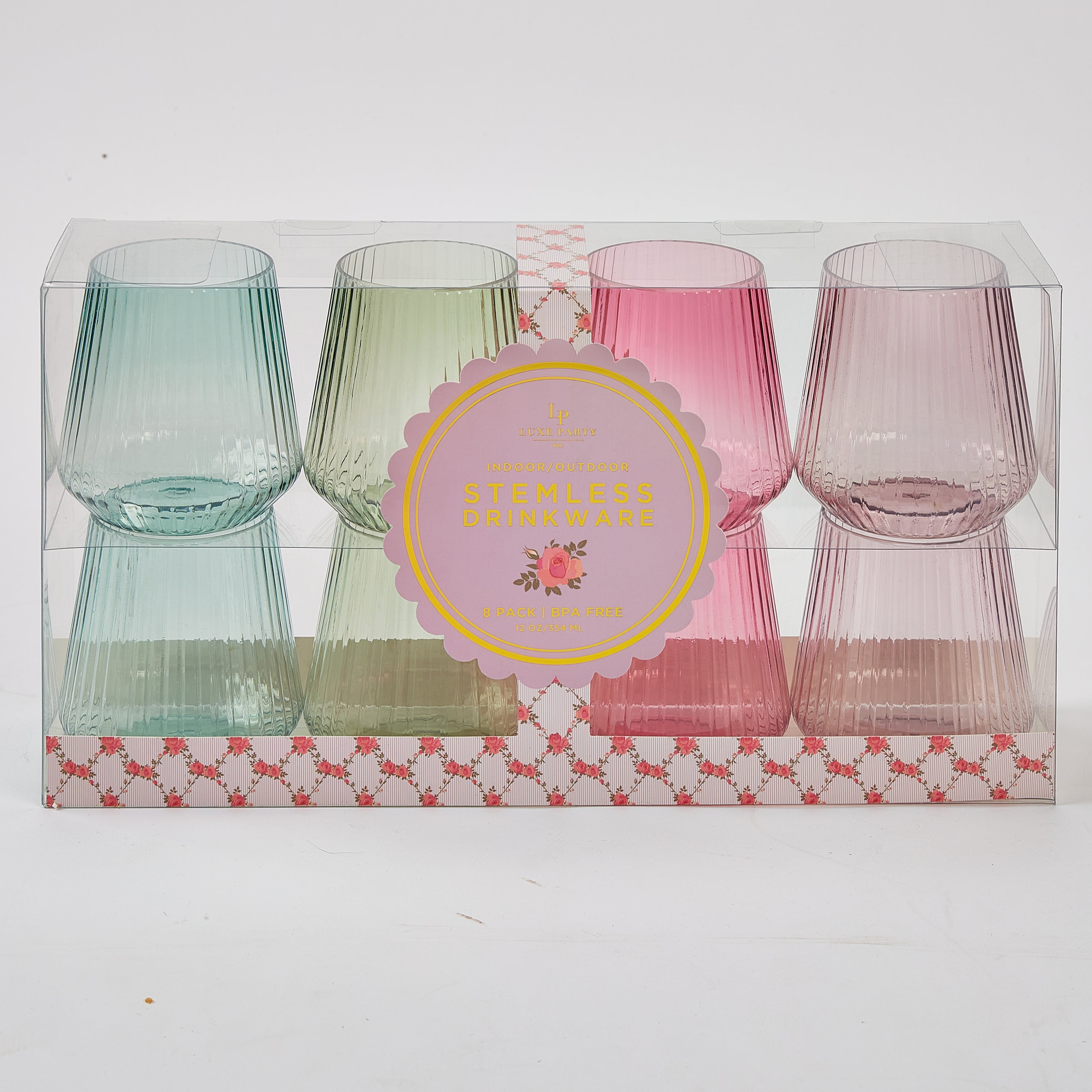 12 oz. Plastic Stemless Ribbed Wine Glasses - 8 Pack Assorted Colors for Parties, Weddings & Outdoor Events