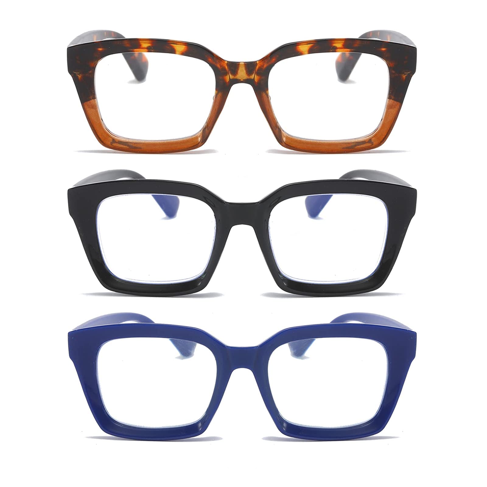 MMOWW 3-Pack Women's Fashion Square Frame Reading Glasses +2.0 Magnification - Anti Blue Light Computer Glasses for Reading, Working & Screen Time Protection