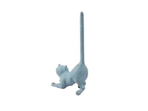 Handmade Nautical Decor Rustic Light Blue Cast Iron Cat Paper Towel Holder 10