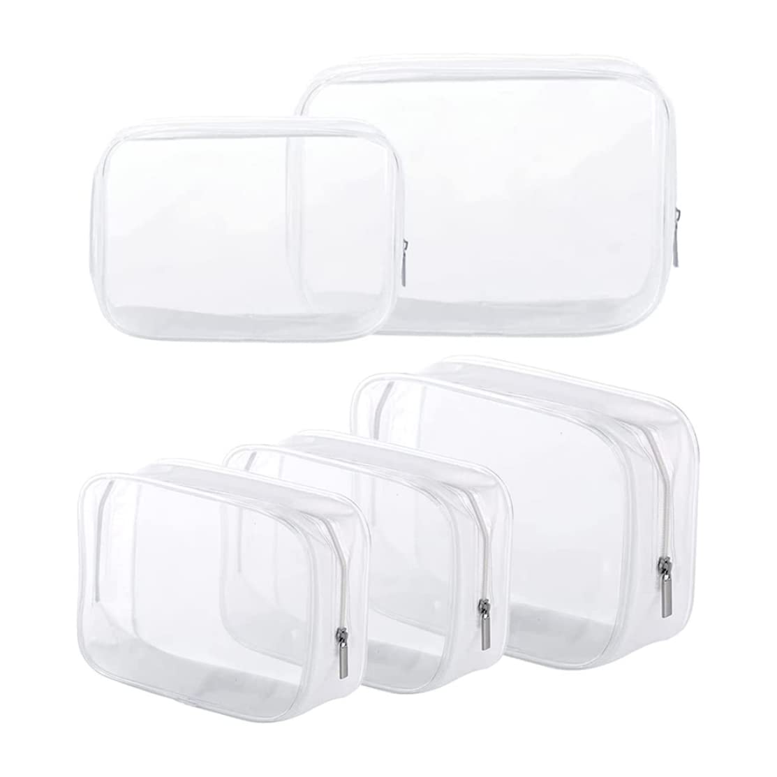 5 Pack Clear TSA Approved Toiletry Bags - Small & Large Size Waterproof Cosmetic Makeup Travel Organizer Pouches for Women & Men - Perfect for Air Travel, Bathroom Storage & Vacation Essentials (White)
