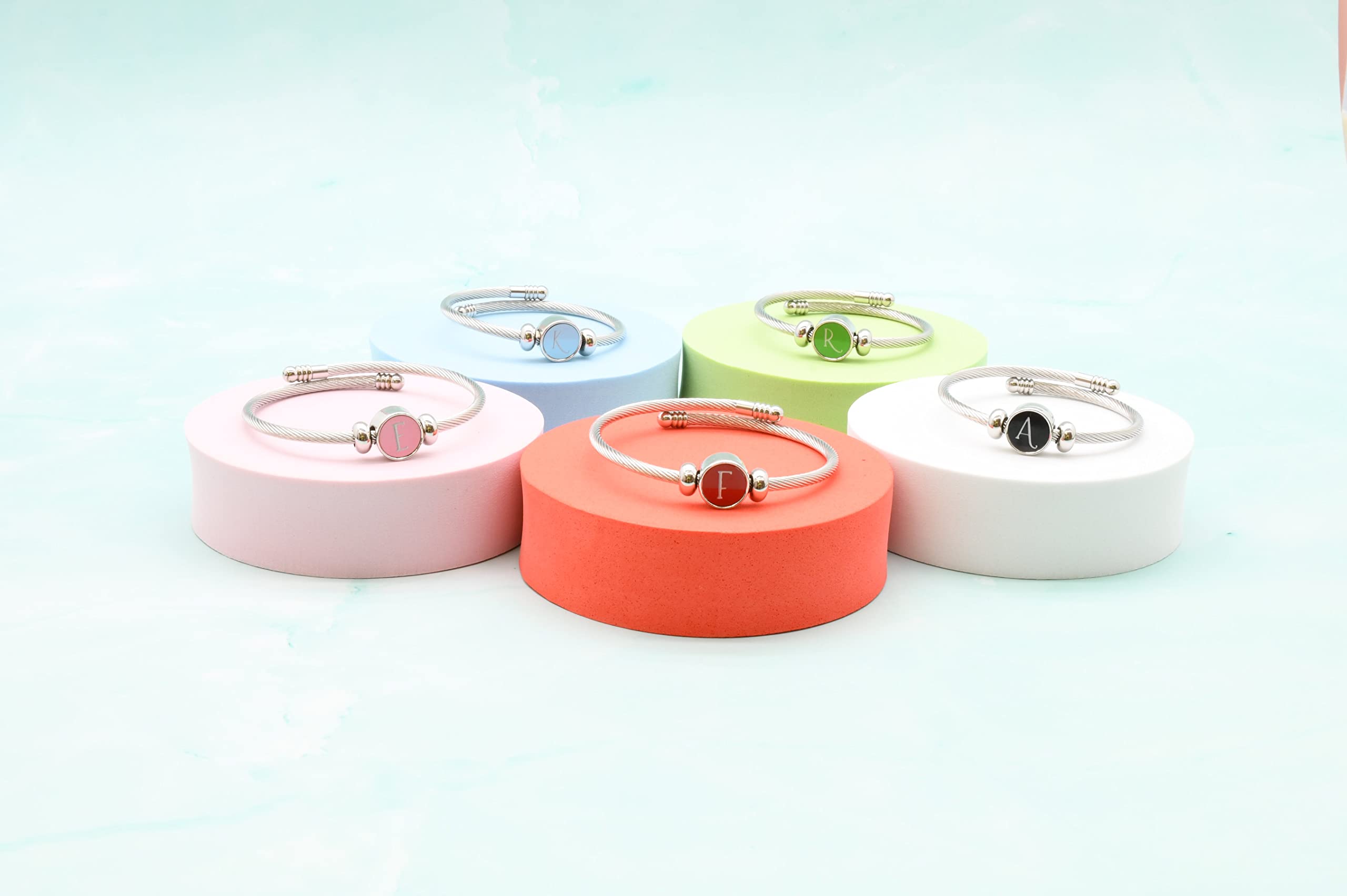 Pink Box High Polished Stainless Steel Round Cable Initial Bracelets A-Z | Reversible Stackable Interchangeable Charm Bangle | Perfect for Layering, Gifts & Everyday Jewelry