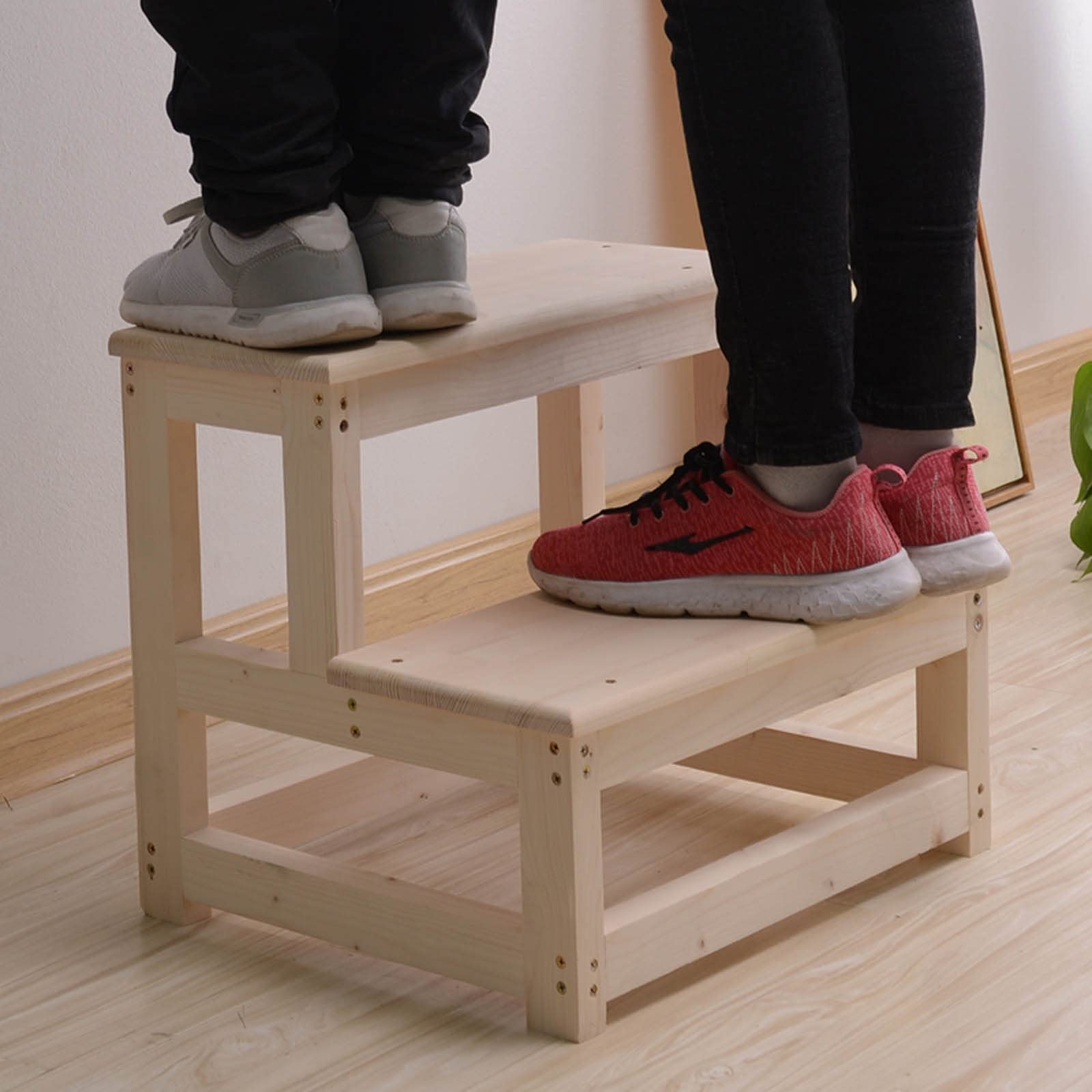 **Heavy Duty Wooden Step Stool for Adults, Kids & Seniors - 2-Tier Non-Slip Stepping Stool for Kitchen, Bathroom & Bedside - Sturdy Foot Stool Ladder for Safe Climbing & Reaching**    *(Perfect for Home, Office, or Workshop - Ideal for Reaching High Shelves, Changing Light Bulbs & Bathroom Safety)*