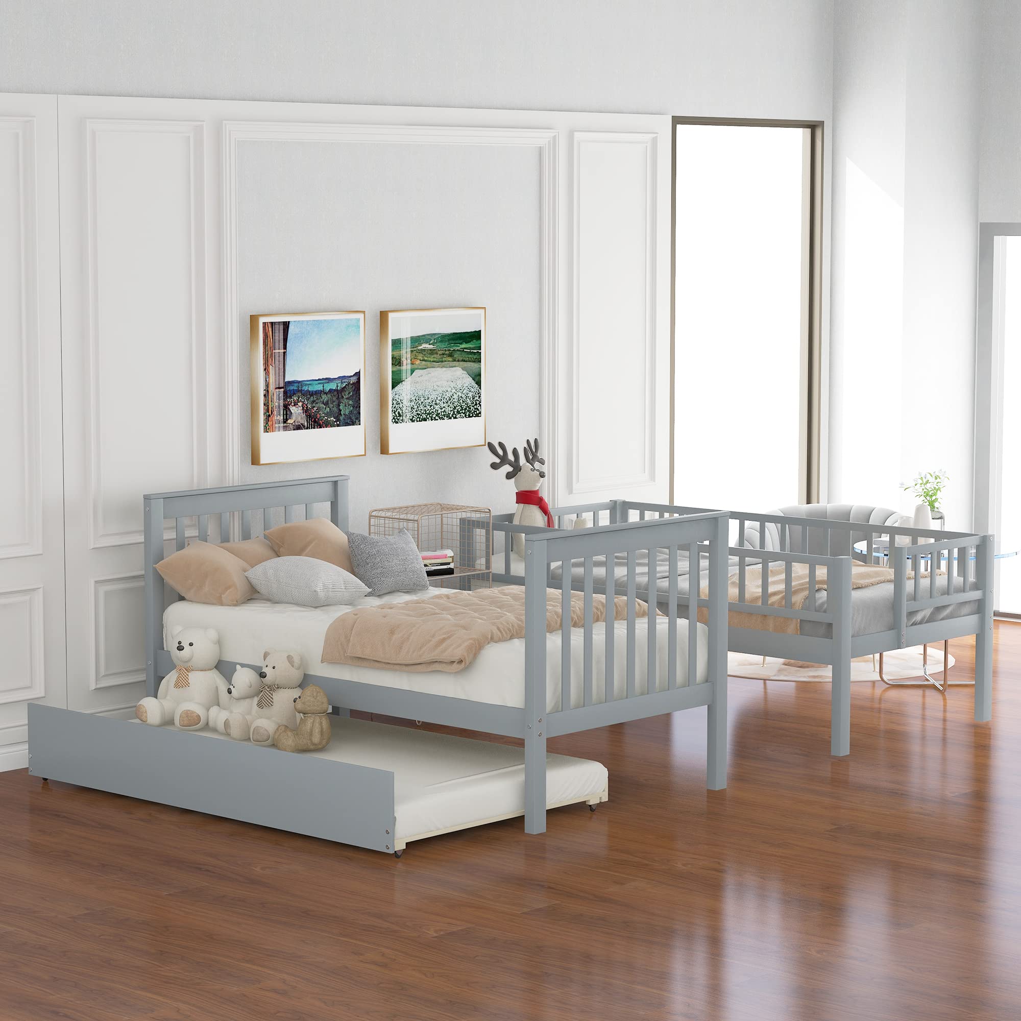 Harper & Bright Designs Twin Over Twin Solid Wood Bunk Bed with Trundle & Stairs - Space-Saving Kids, Teens & Adult Bedroom Furniture (Grey) - Perfect for Small Rooms, Guest Rooms & Shared Kids' Bedrooms