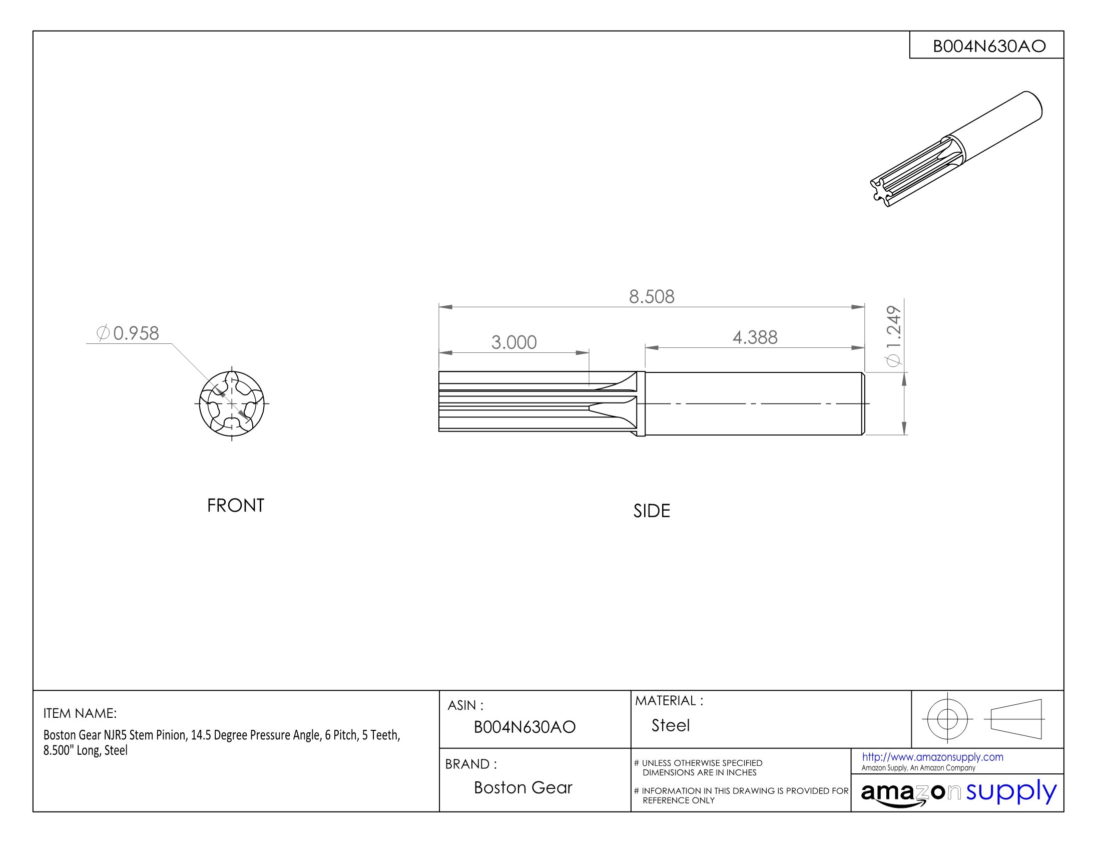 NJR5 Stem Pinion Gear - 14.5° Pressure Angle, 6 Pitch, 5 Teeth, 8.5
