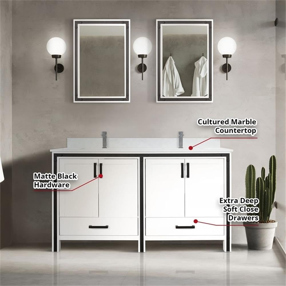 Ziva 60 Inch White Double Bathroom Vanity with Cultured Marble Top & 22 Inch Mirrors - Modern Bathroom Storage Solution for Master Bath or Guest Bath Remodel
