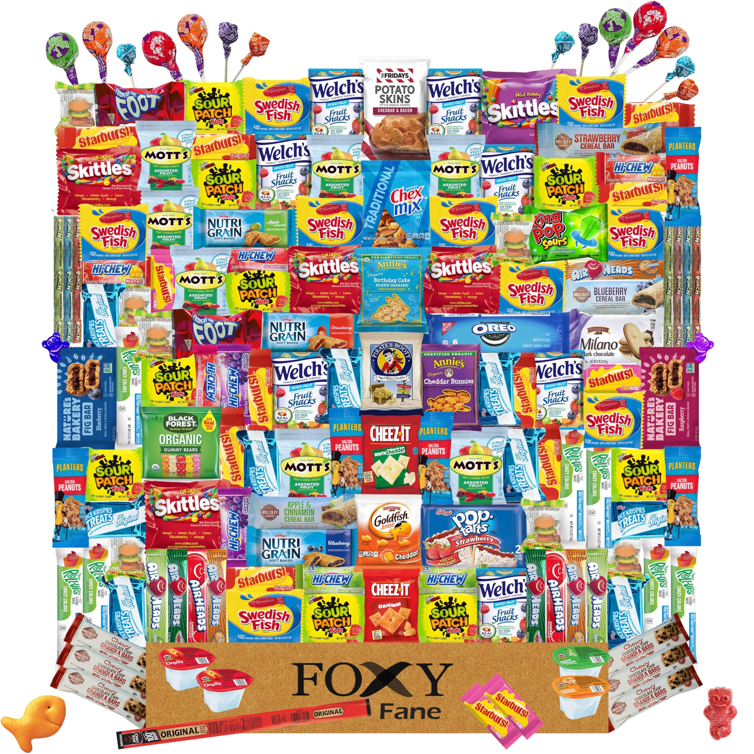 Foxy Fane 150 Count Ultimate Gift Snack Box - Variety Assortment of Chips, Cookies, Candy & Crackers | Bulk Snack Care Package for Parties, Office Treats & Gift Baskets | Deluxe Pack with 150 Delicious Snacks