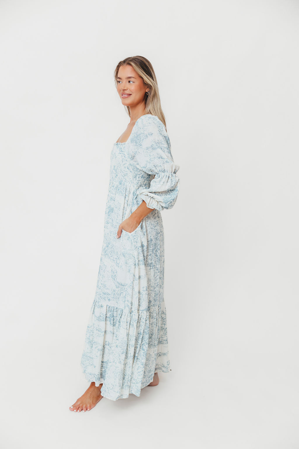 Emerson 100% Cotton Smocked Maternity Maxi Dress with Long Sleeves - Blue Toile Print | Bump Friendly & Comfortable for Pregnancy | Perfect for Baby Showers, Maternity Photos & Everyday Wear