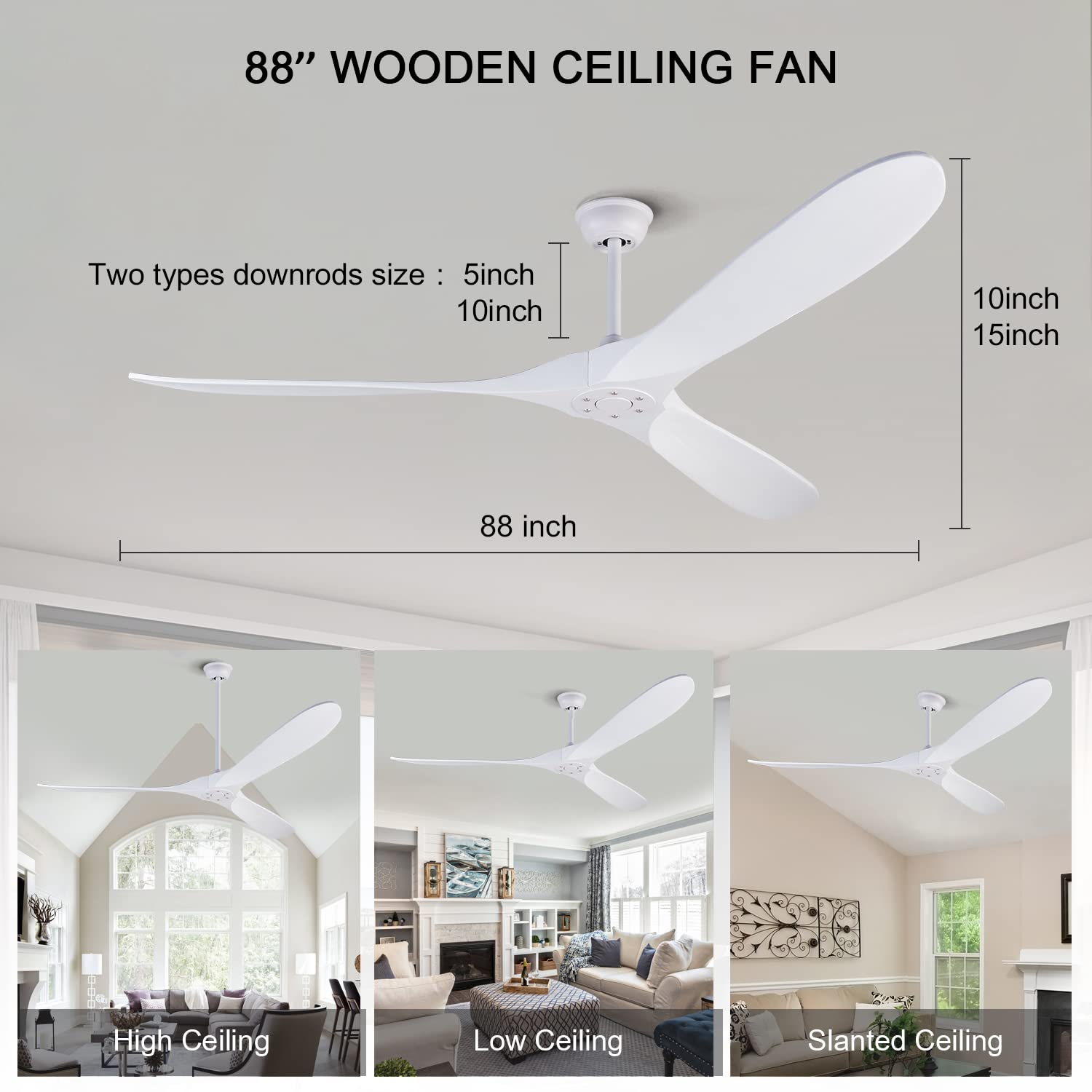BOJUE 84 Inch Large Ceiling Fan No Lights with Remote Control - 3 Solid Wood Blades, Indoor Outdoor Ceiling Fan for Patio, Porch, Farmhouse, Office, Living Room - White Blades - Perfect for Cooling Large Spaces