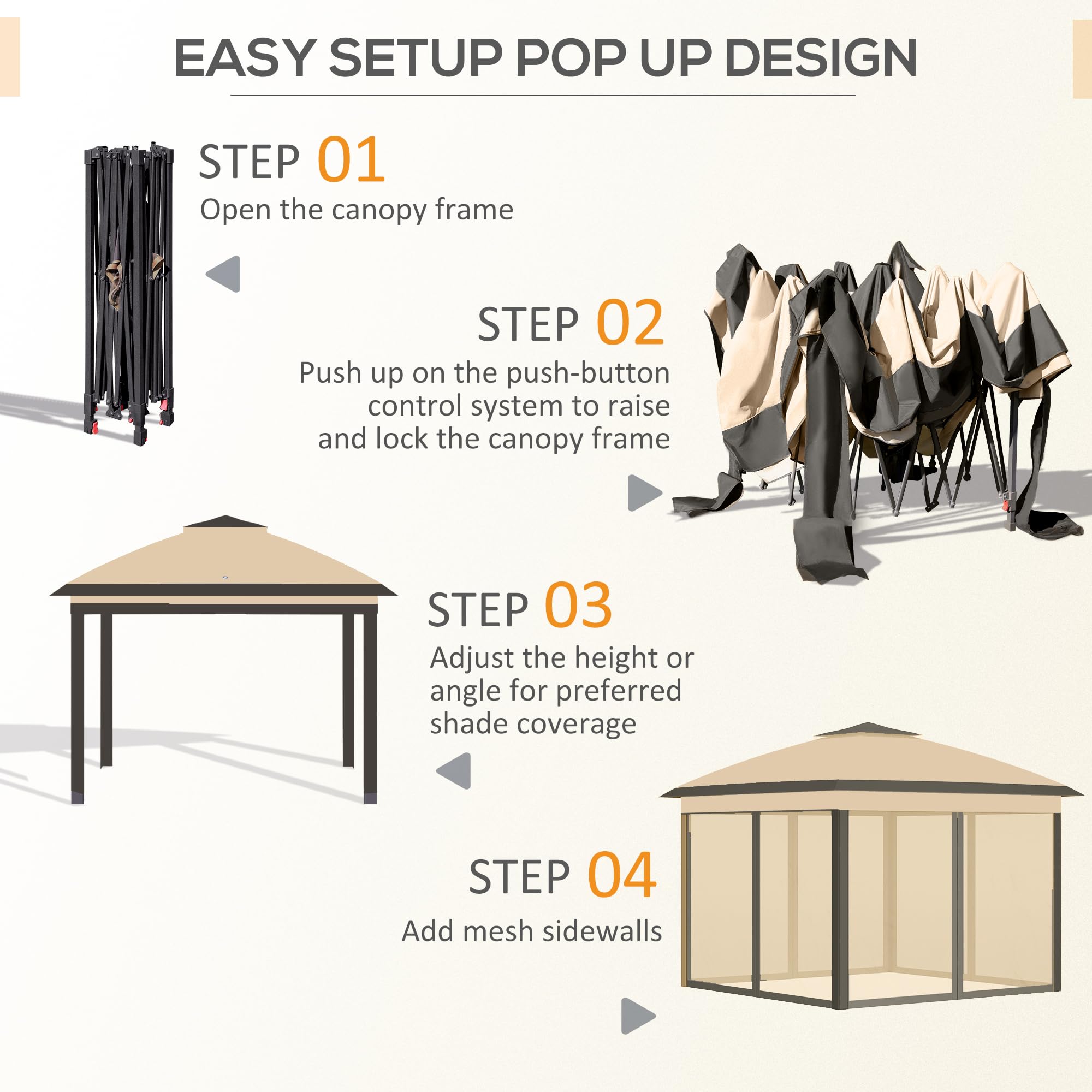 Outsunny 11' x 11' Pop Up Canopy Tent with Netting & Carry Bag - Instant Gazebo Sun Shelter for Outdoor Parties, Camping, Beach, Backyard - 121 Sq Ft Shade, Beige