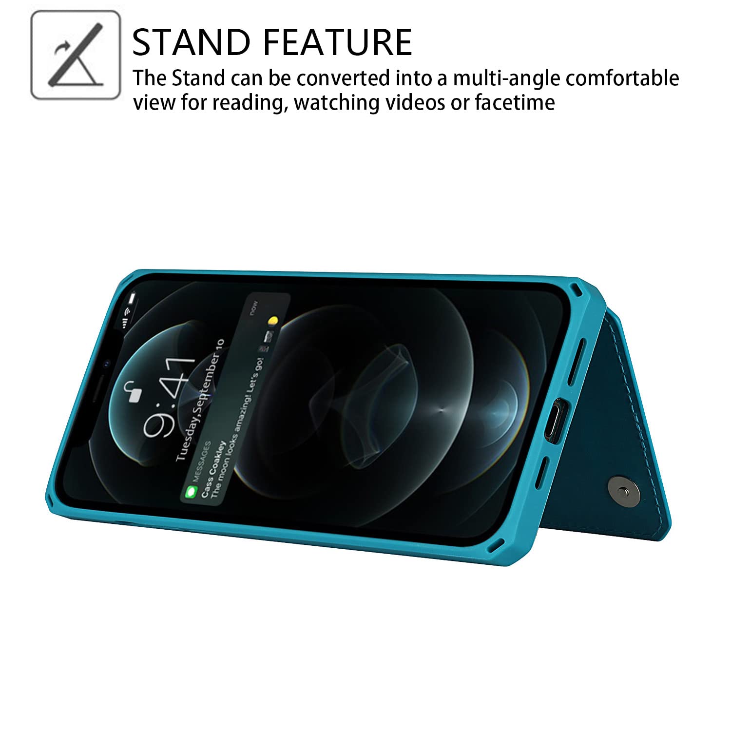 Premium Leather Wallet Case for iPhone 12/12 Pro - Shockproof Protective Cover with Card Holder, Stand & Wrist Strap (Blue) | Perfect for Work, Travel & Everyday Use