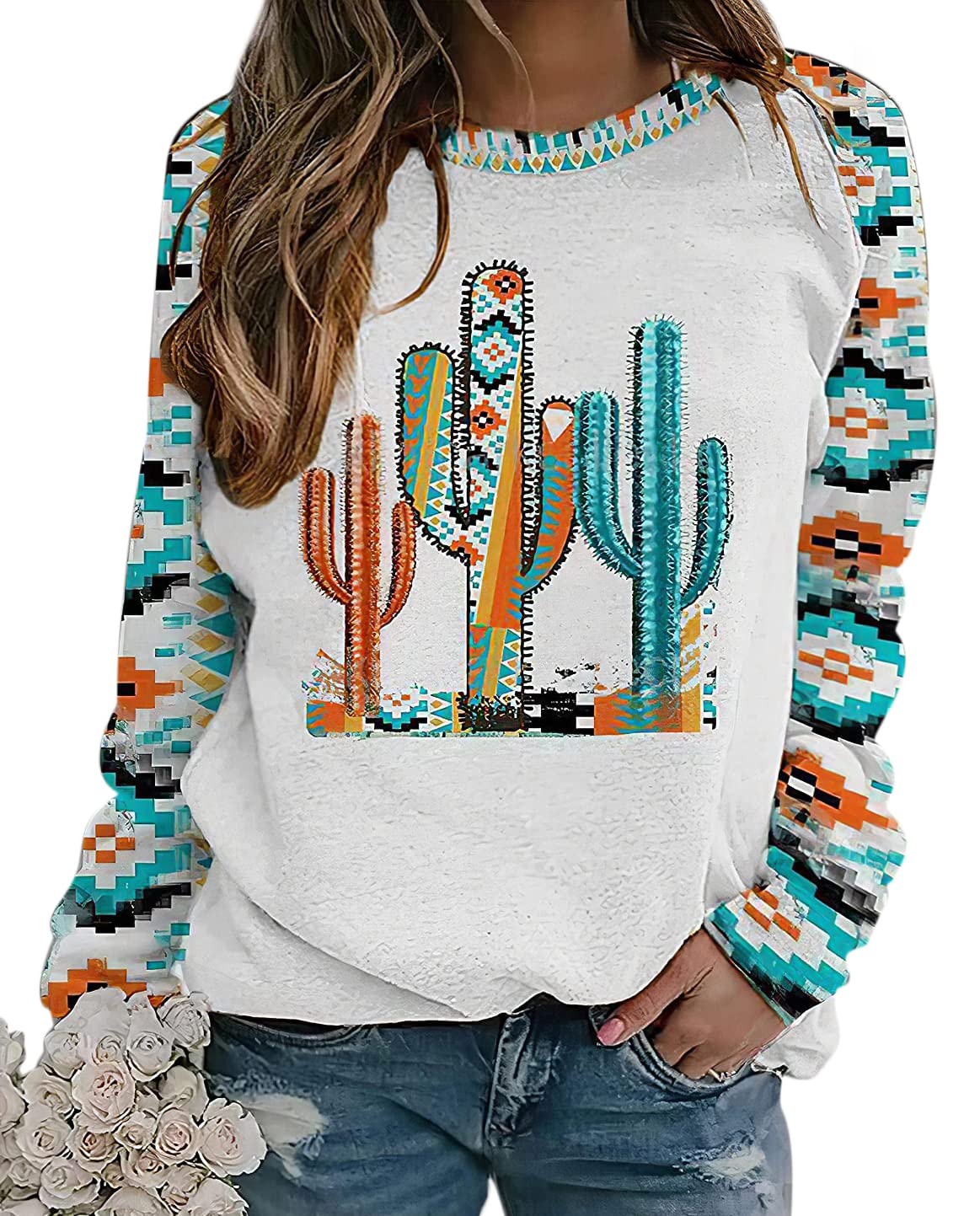 Lafolie Women's Western Aztec Print Crewneck Sweatshirt - Long Sleeve Ethnic Style Casual Top for Fall & Winter | Perfect for Daily Wear, Outdoor Activities and Western-Themed Events