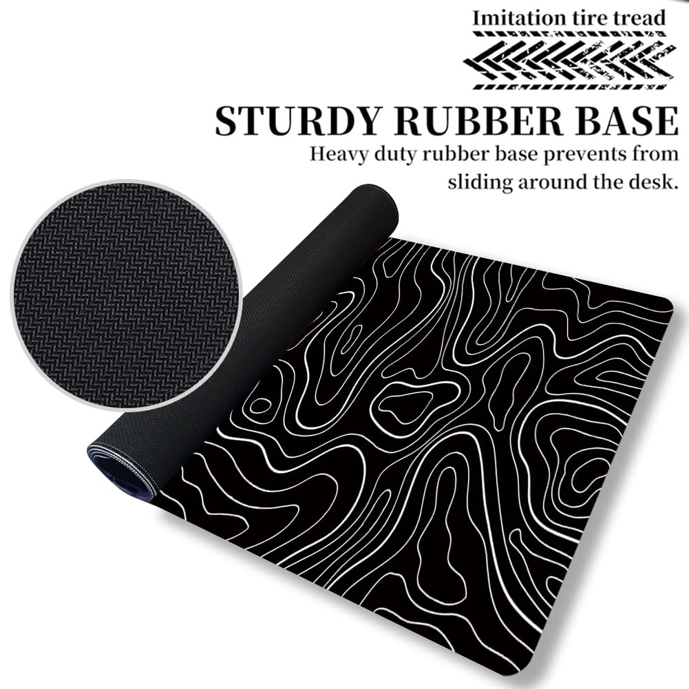 Large Gaming TOPO Keyboard Mouse Pad - Black & White Topographic Design with Anti-Slip Rubber Base - Extended XXL Desk Mat (31.5