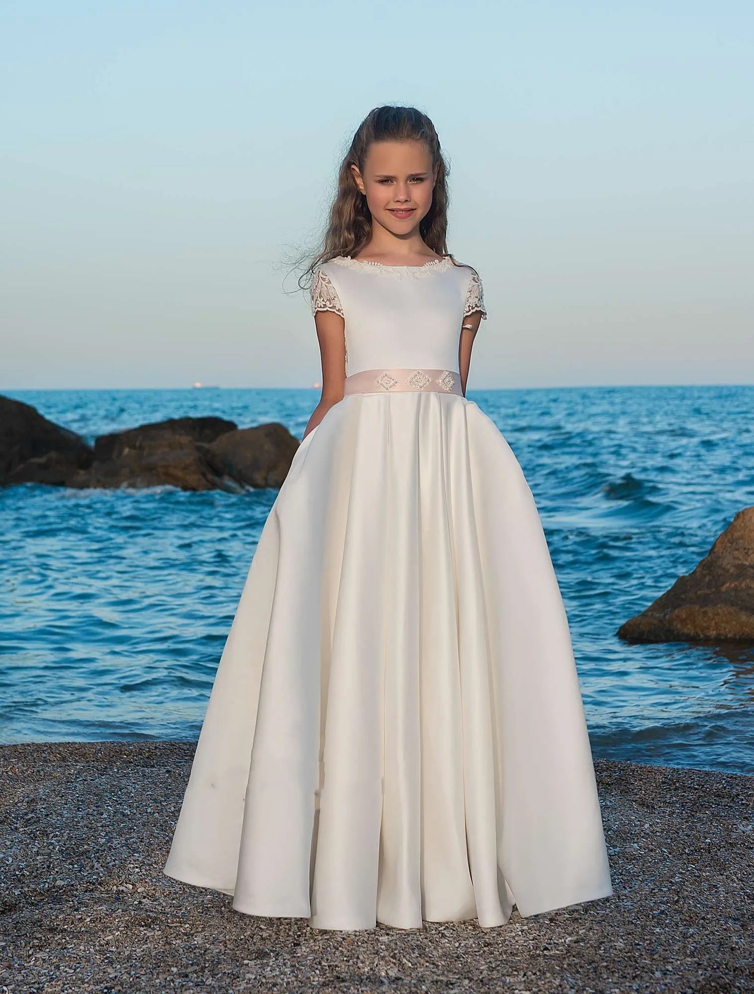 Elegant White Satin A-Line Floor Length Flower Girl Dress for Weddings & Special Occasions - Perfect for Bridal Party, First Communion & Formal Events