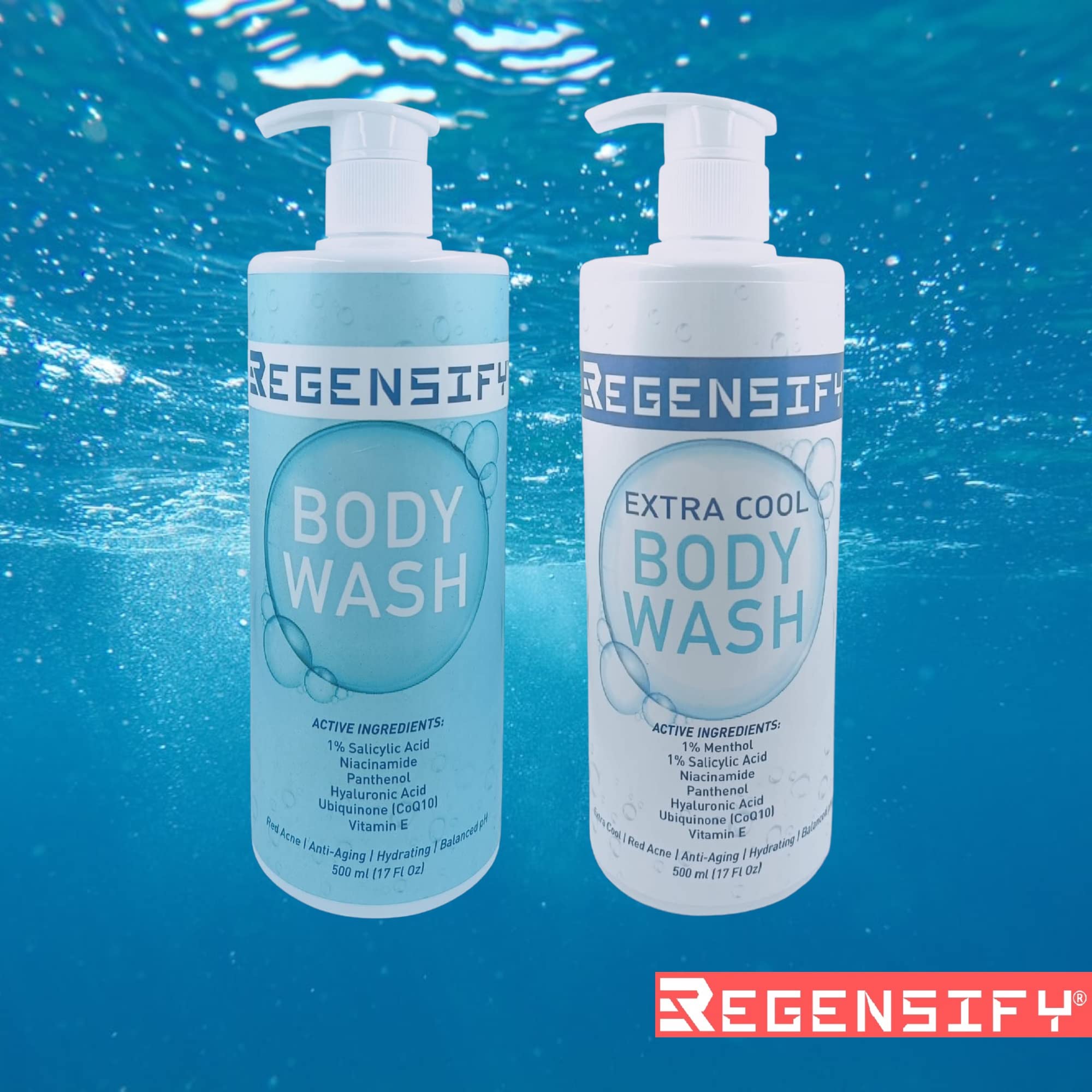 REGENSIFY Red Acne Extra Cool Body Wash 500ml (17 Fl Oz) with 1% Menthol & 1% Salicylic Acid - Niacinamide, Panthenol, Hyaluronic Acid for Anti-Aging & Hydration - Icy Shower Gel for Men & Women - Perfect for Post-Workout, Summer Cooling & Sensitive Skin Care