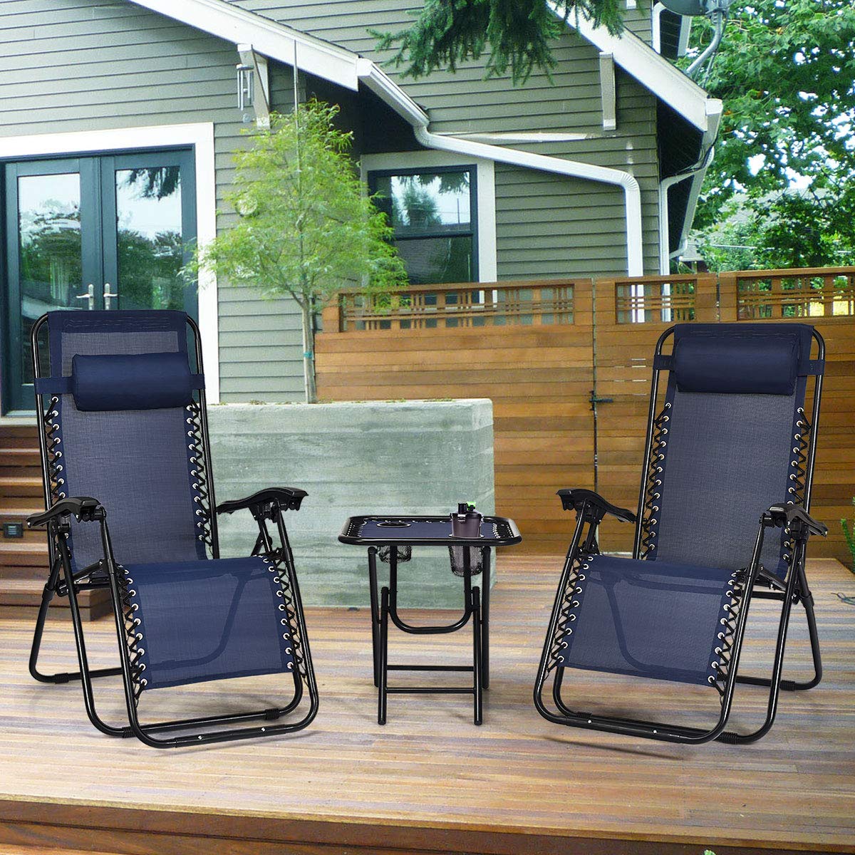 Giantex 3-Piece Zero Gravity Chair Set - Patio Chaise Lounge Chairs with Folding Table for Outdoor, Poolside, Backyard & Garden Relaxation (Navy Blue) - Perfect for Sunbathing, Lounging & Reading by the Pool