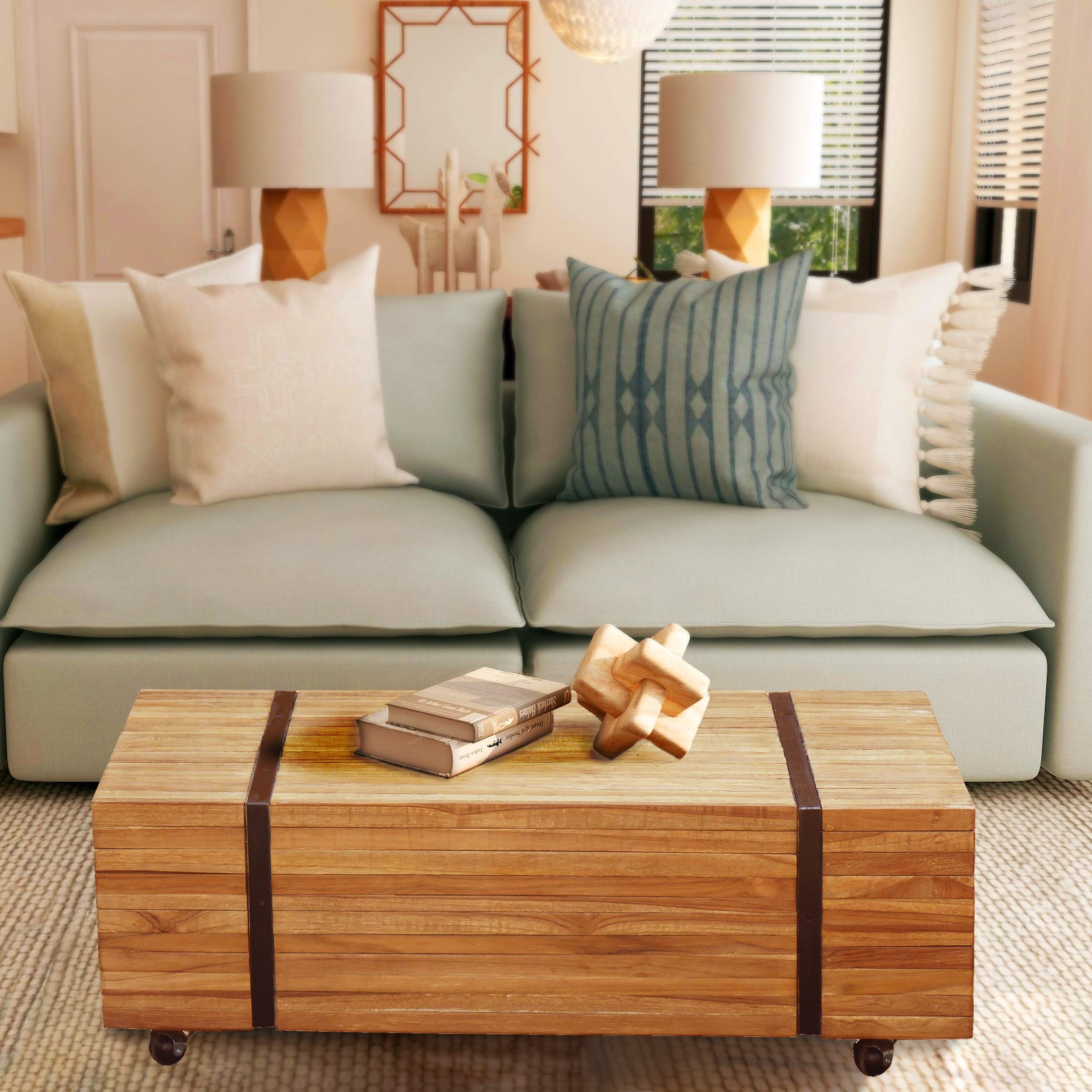 Solid Teak Wood Coffee Table with Wheels - Modern Rolling Coffee Table for Living Room, Office, or Outdoor Use - Easy to Move and Stylish Design