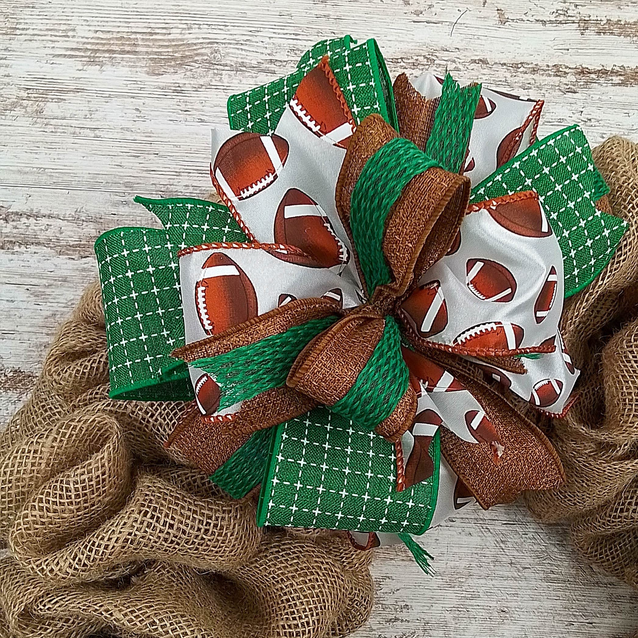 Handmade Burlap Wreath Bow Embellishments - Farmhouse Style Layered Lantern Wreath Decor (Set of 10, Green/Brown Football Theme) - Perfect for DIY Wreath Making, Front Door Decor, and Seasonal Home Decoration