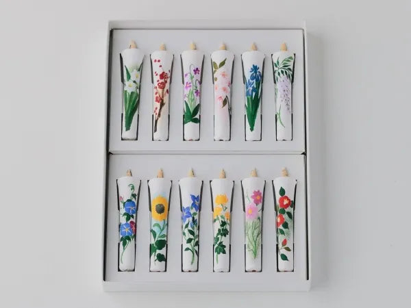 DAIYO Hand-Painted Rice Wax Candles - 12-Piece Set with Four Seasons Floral Design | Traditional Japanese Wa Rousoku Candles for Home Decor, Meditation & Gift Giving