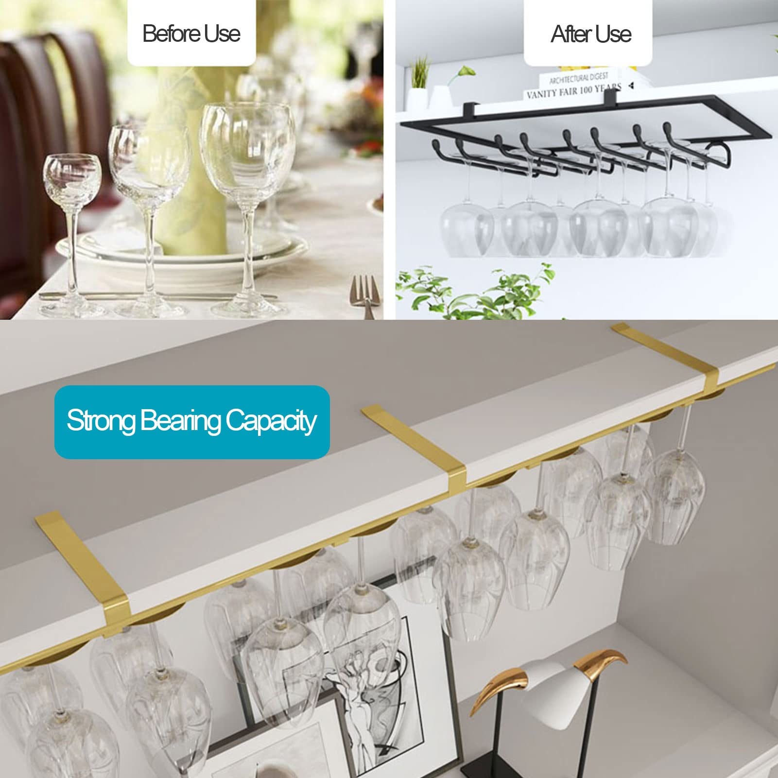 Stainless Steel Under Cabinet Stemware Rack - Hanging Wine Glass Holder for Kitchen, Bar, Pub - Decorative Wine Glass Storage & Display Shelf (White) - Perfect for Organizing Wine Glasses in Small Spaces & Adding Elegance to Your Home Bar