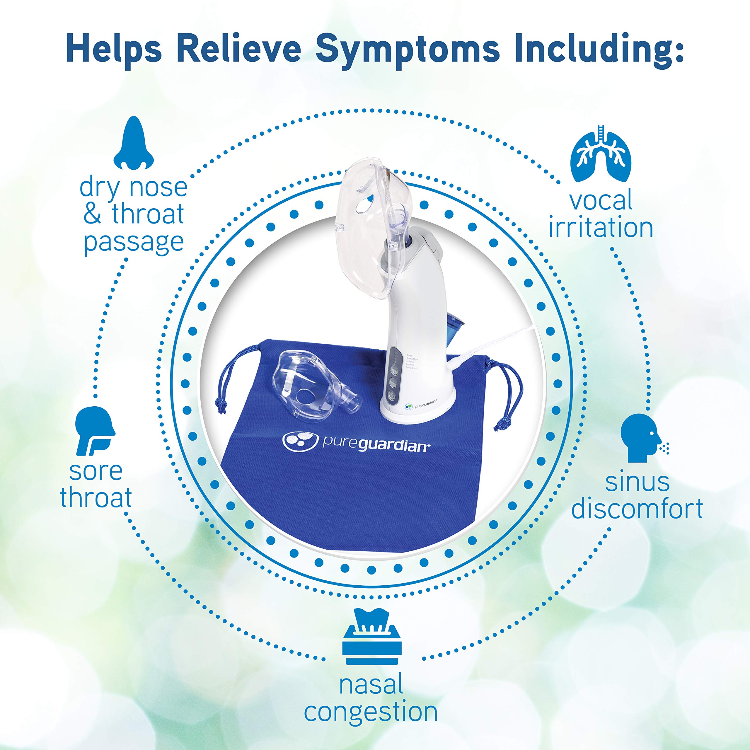 PureGuardian MST55 Portable Warm Mist & Steam Inhaler with Essential Oil Tray - Handheld Natural Steam Therapy for Allergies, Nasal Congestion, Dryness & Sinus Relief - Perfect for Home, Office & Travel Use