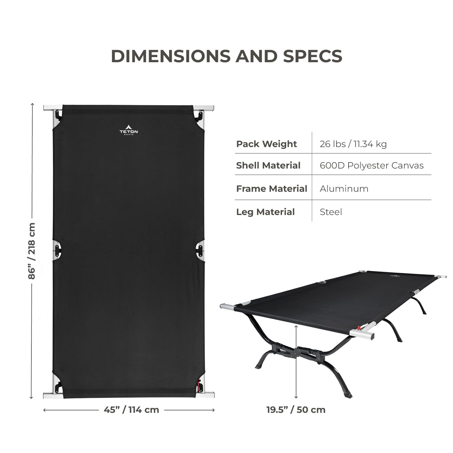 Teton Camping Cot with Patented Pivot Arm - Heavy Duty Folding Cot for Adults, Portable Outdoor Sleeping Bed with Durable Canvas - Perfect for Camping, Hiking, Backpacking & Emergency Preparedness
