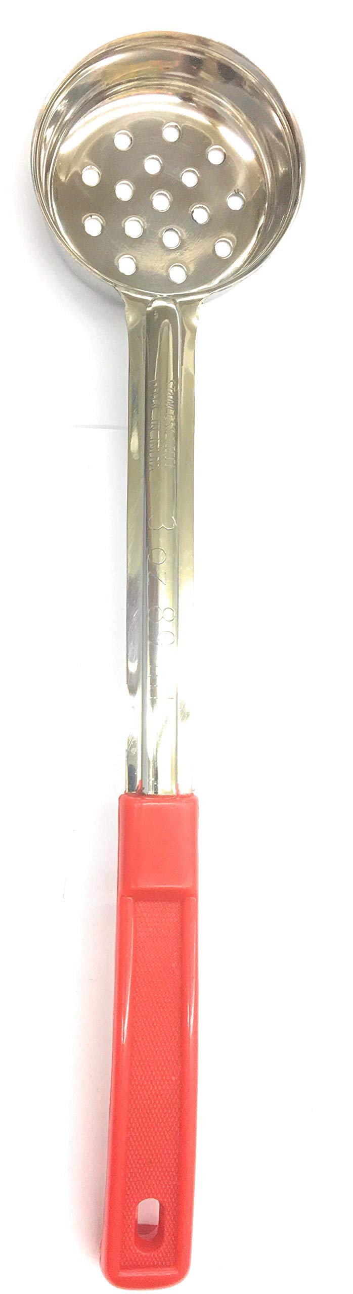 6 oz Stainless Steel Perforated Portion Control Spoodle with Red Handle - Commercial Kitchen Utensil for Scooping & Serving - Kosher Certified (Red) - Ideal for Restaurants, Cafeterias & Food Service
