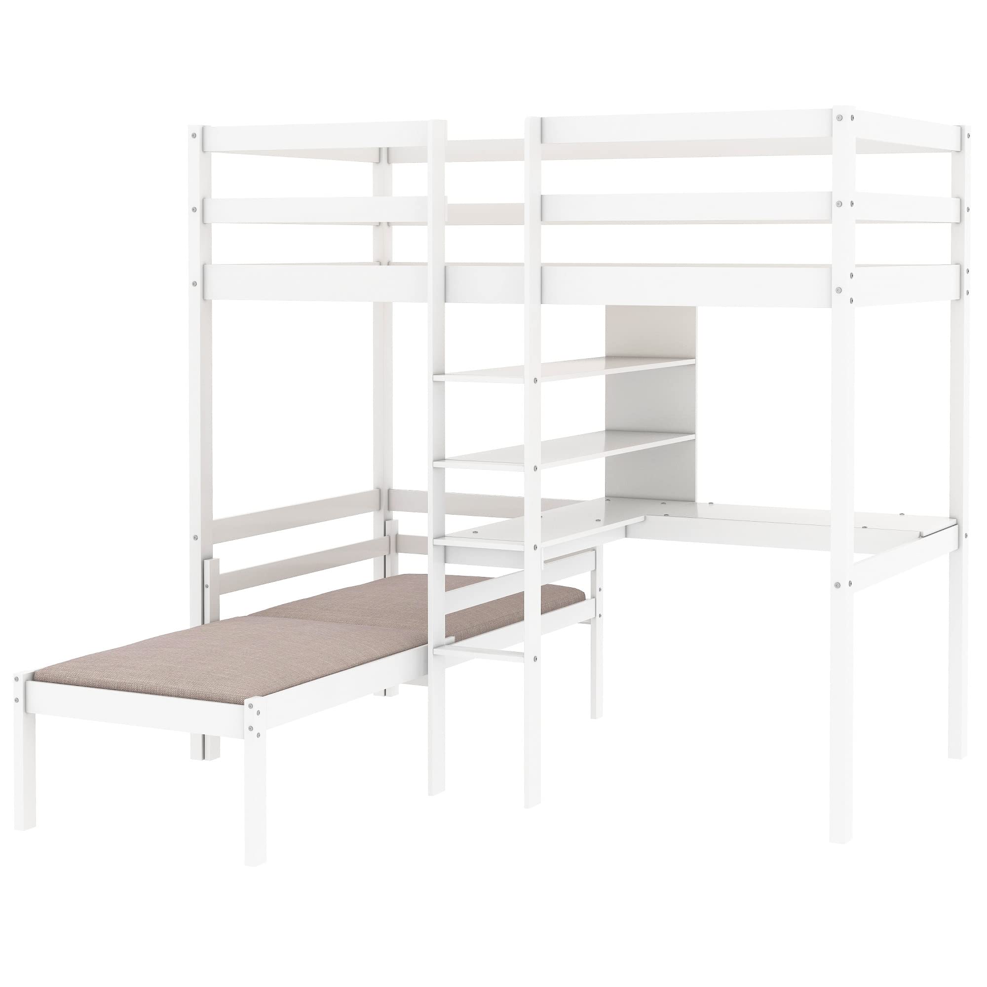 SOFTSEA L-Shaped Twin Loft Bunk Bed with Built-in Desk, Shelves & Ladder - Space-Saving Wooden Loft Bed for Kids, Teens Boys & Girls - Perfect for Small Bedrooms, Dorm Rooms & Shared Kids' Rooms