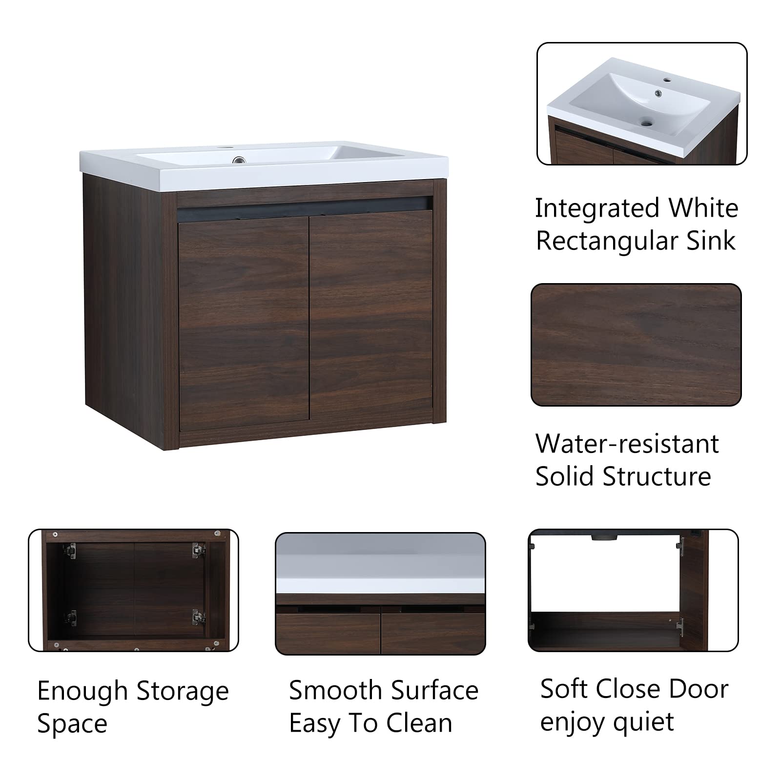 Modern 24 Inch Floating Bathroom Vanity with Sink Combo - Wall Mounted Concrete Vanity Cabinet with Porcelain Top & Storage - California Walnut Finish - Perfect for Small Bathrooms, Powder Rooms & Modern Home Decor