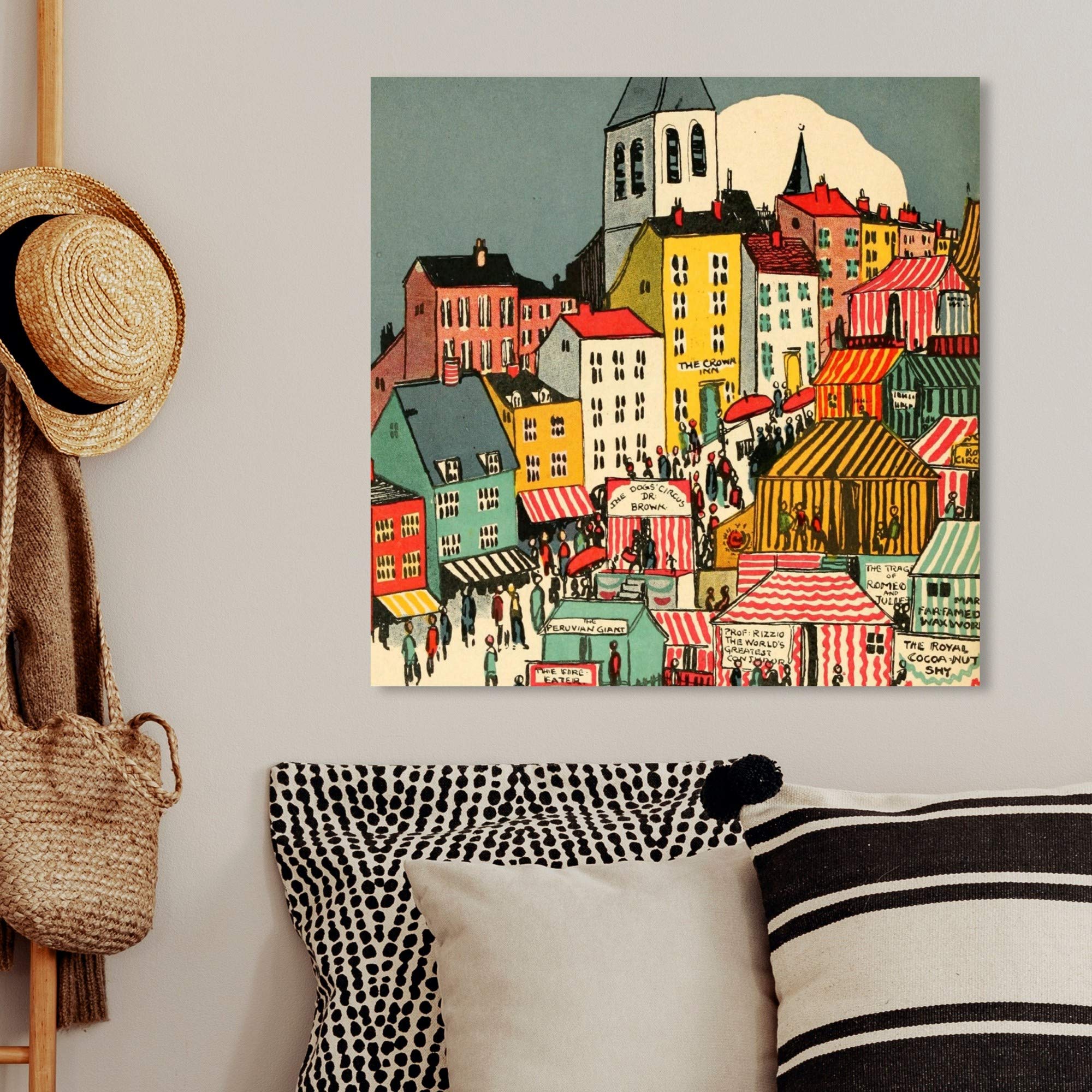 Oliver Gal Artist Co. Little Town Wall Art Canvas Print - 24x24 Inch Kids Room Decor, Yellow & Blue City Skyline Painting for Children's Bedroom, Nursery & Playroom