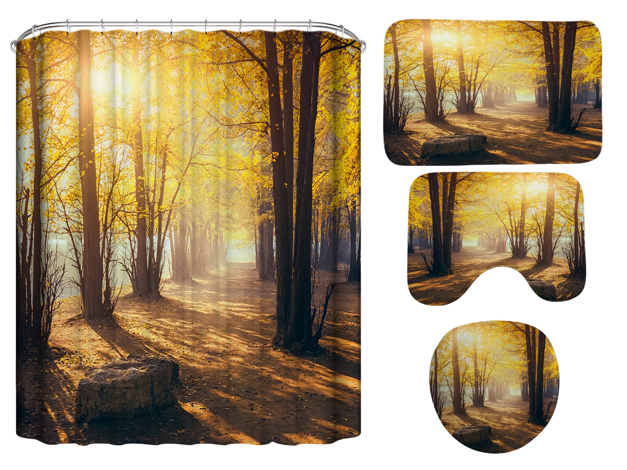 4Pcs Waterproof Shower Curtain Set with Non-Slip Bath Mat - Fall Forest Scenery Design for Bathroom Decor, Includes Toilet Cover & 12 Plastic Hooks (A11) | Perfect for Autumn-Themed Bathrooms & Cozy Home Spa Experience