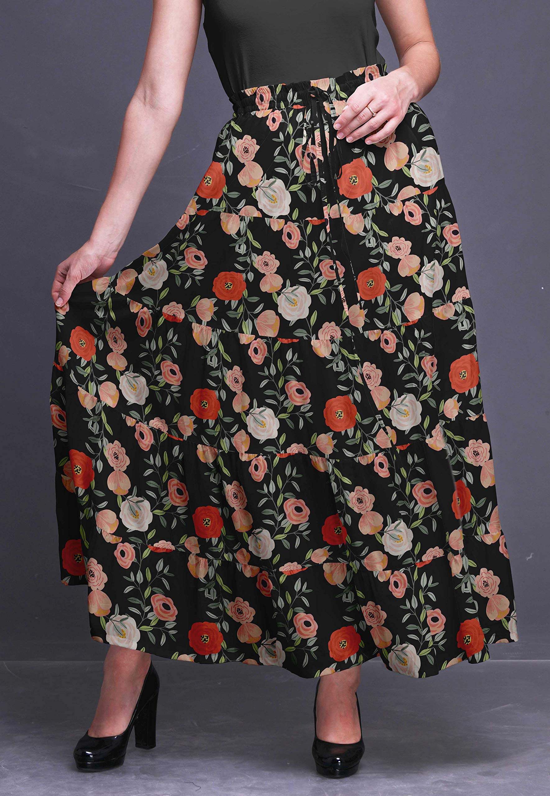 Bimba Women's Printed Long 5-Tier Cotton Skirt - Boho Style Maxi Skirt for Casual Wear, Beach Vacation & Summer Outfits