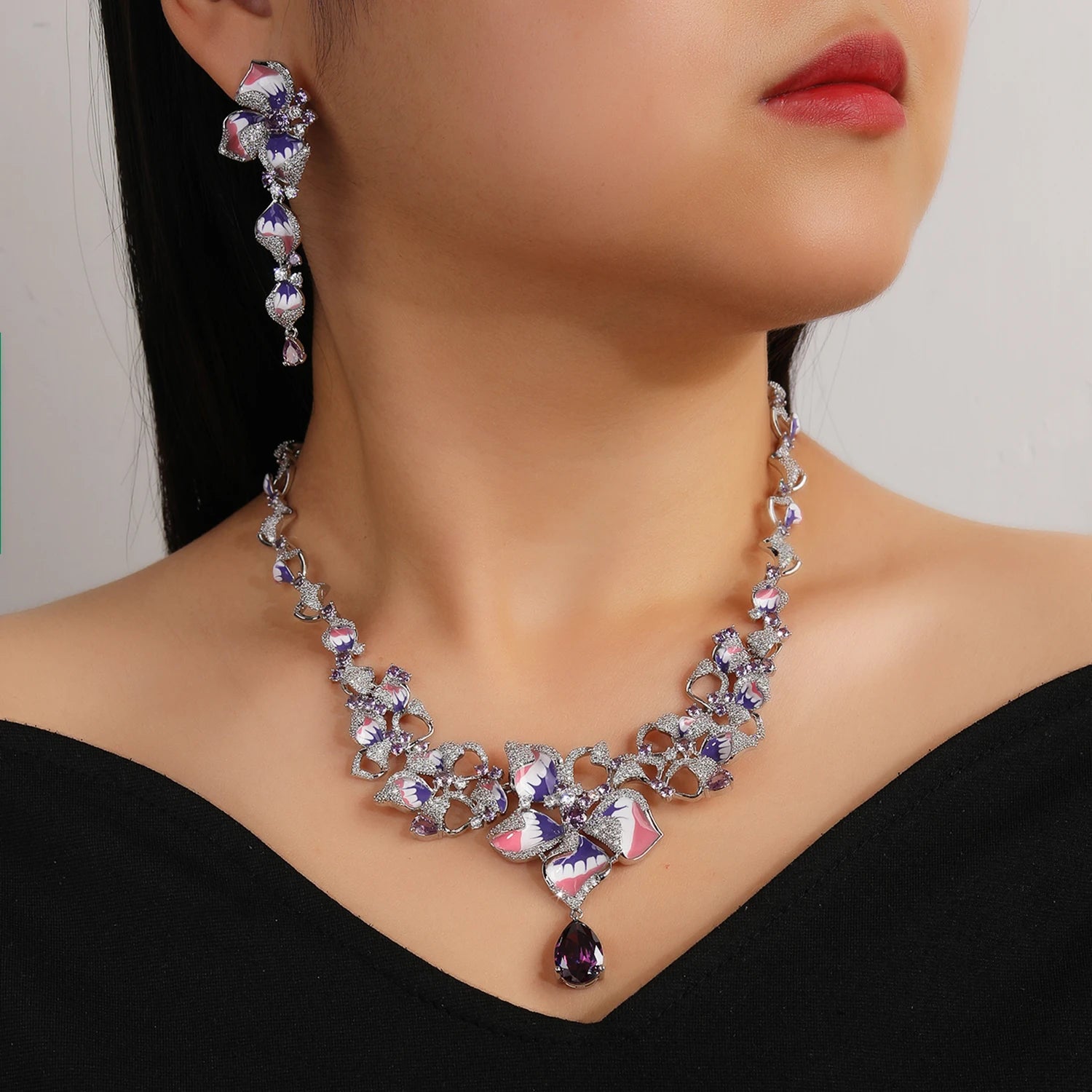 Shiny Cubic Zirconia Leaf Necklace and Earrings Set - Elegant 2 Piece Jewelry for Women, Party & Evening Wear, Gift for Her - CN11412